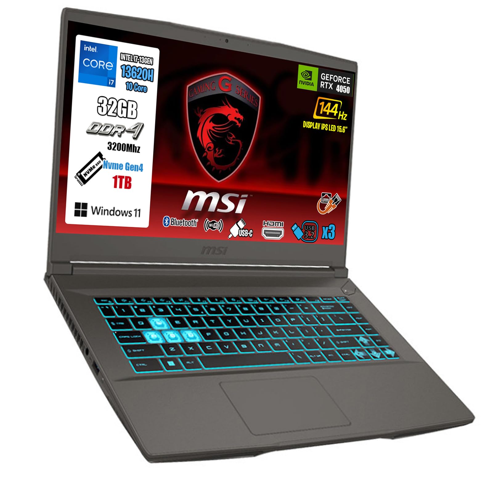 MSI Thin 15 Pc Gaming, Gaming Notebook I7-13620H, 32GB RAM, 1TB 