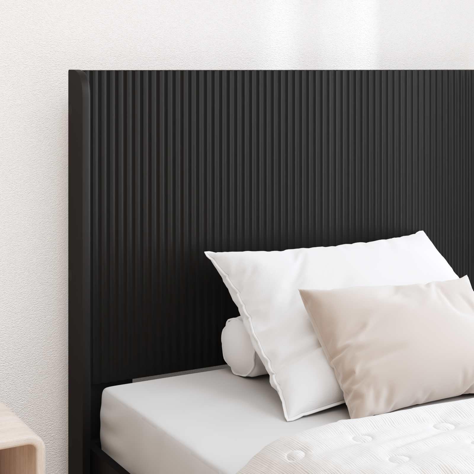 Tête de lit noire en bois 97 x 100 cm, accessoire de lit stable avec design à lattes verticales, montage facile pour lit double, autoportante et facile d'entretien
