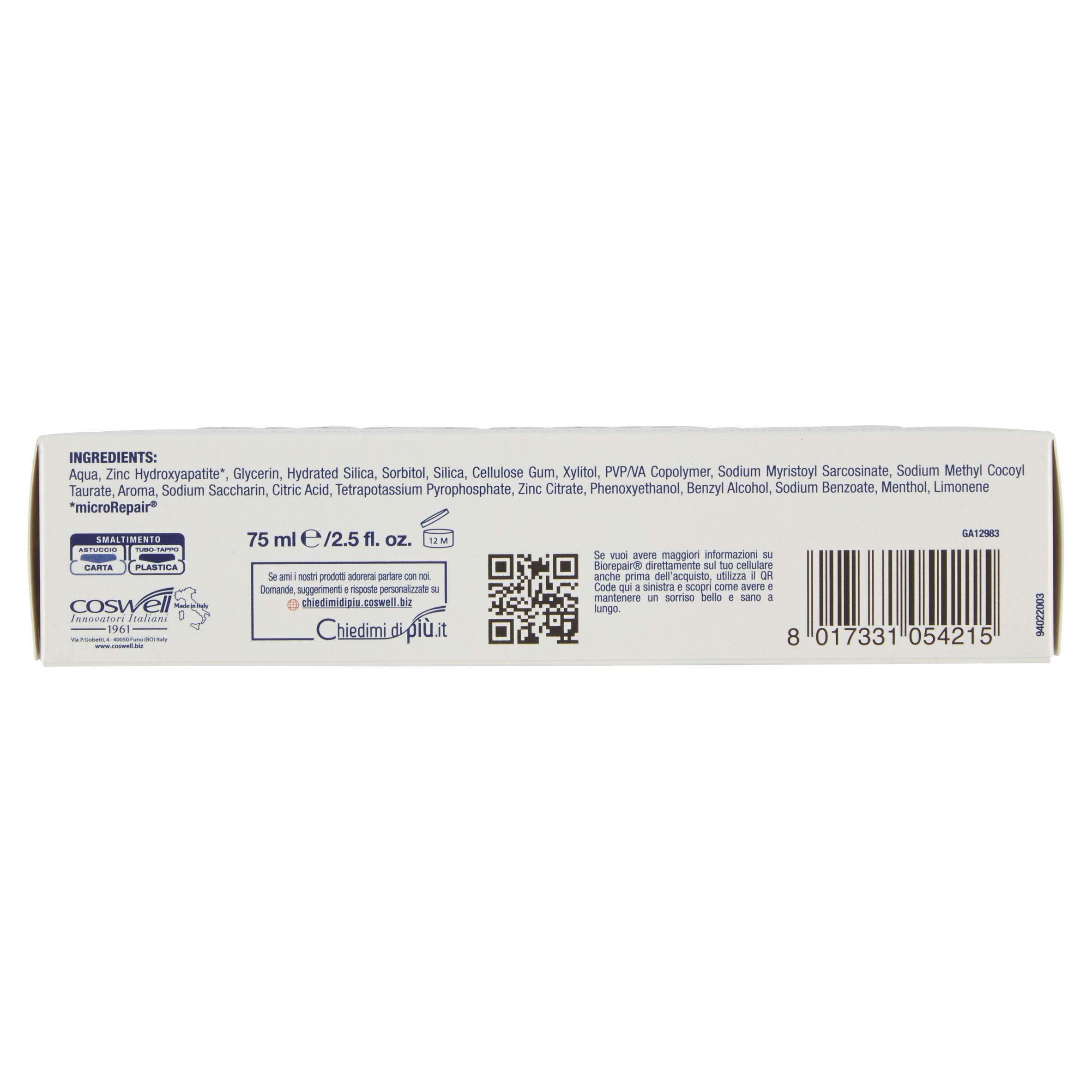 Biorepair Pro White Dentifricio, Restituisce il Bianco Naturale al Tuo Sorriso, 75 ml - 6 Confezioni
