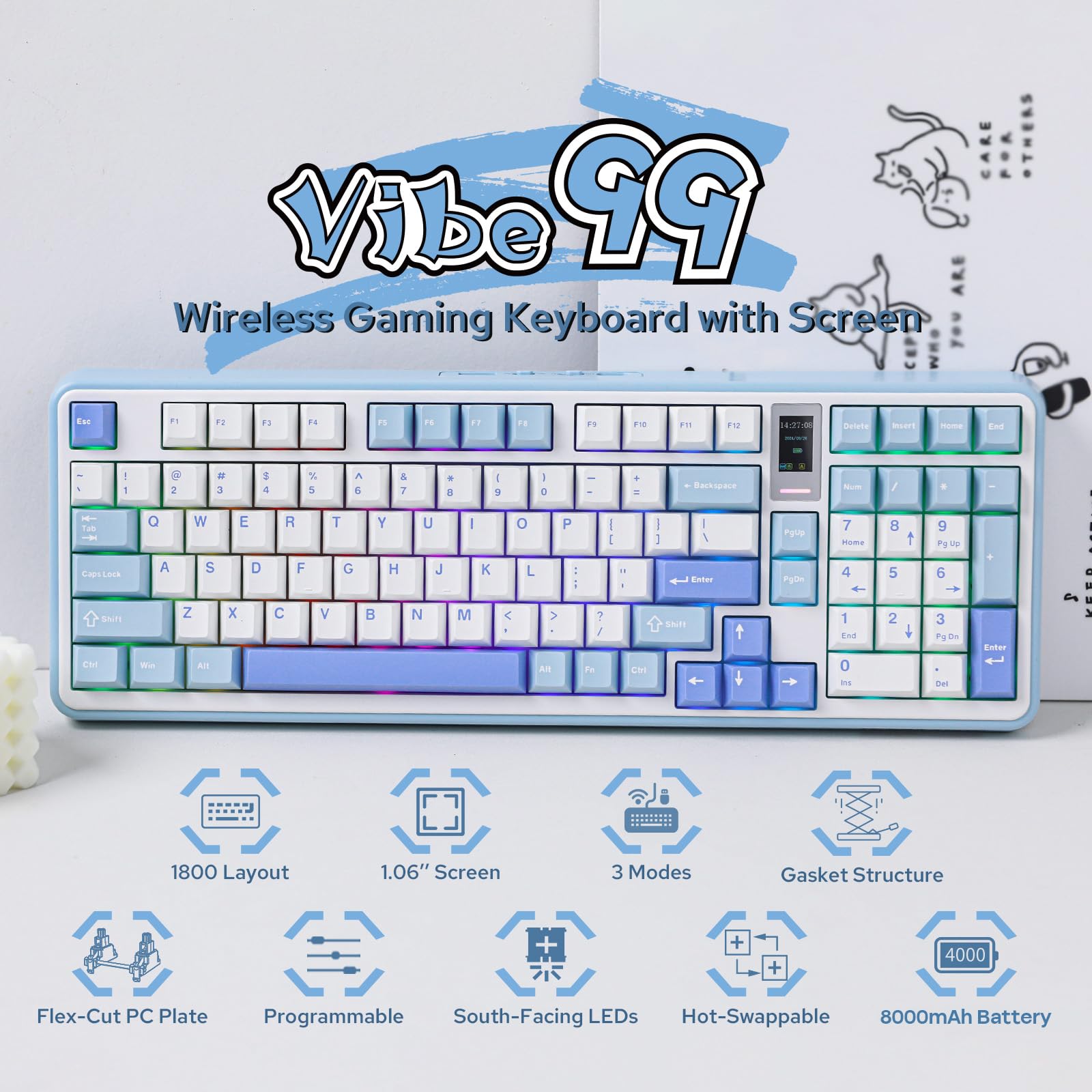 MechLands Vibe99 Teclado inalámbrico para juegos con pantalla 1.06" teclado mecánico cremoso intercambiable al 96% BT5.0/2.4GHz/USB-C