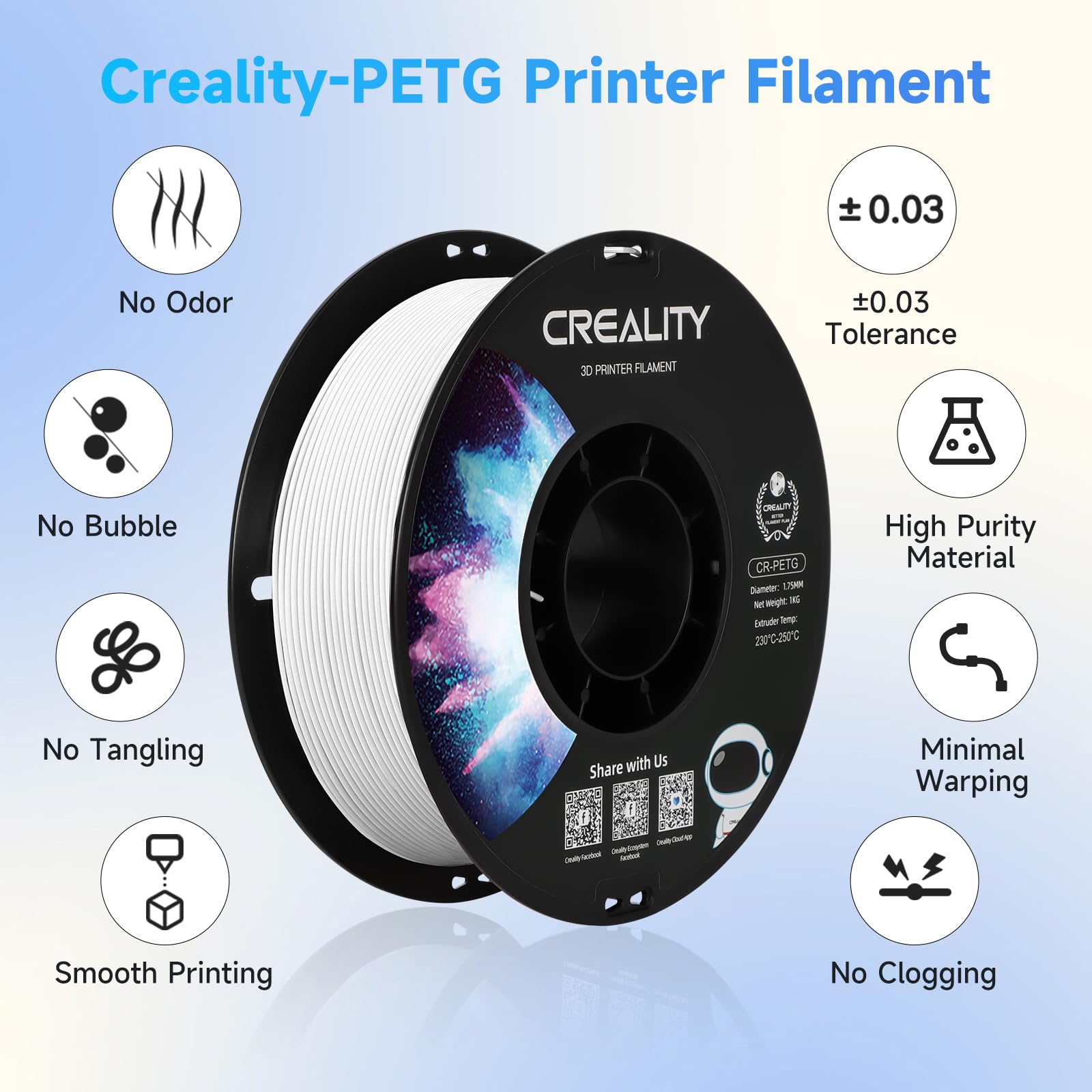Creality Filamento PETG 1,75 mm, Ufficiale Filamento Stampante 3D Che Non si Aggroviglia, Forte Legame e Prestazioni a Sbalzo Precisione Dimensionale +/-0,03 mm, 2,2 lbs/Spool, Bianco
