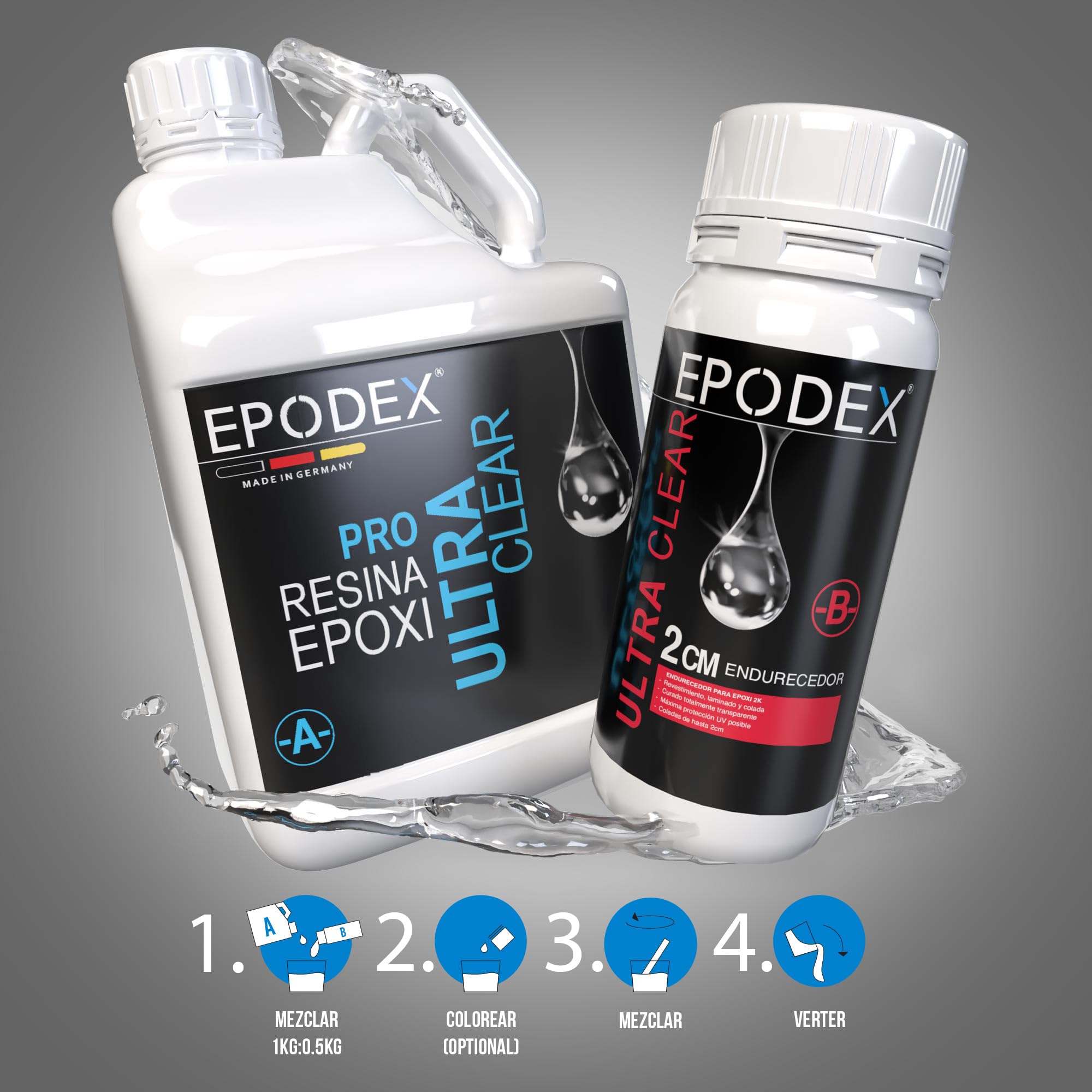 Kit Resina Epoxi PRO EPODEX – Resina Epoxi Transparente Para vertidos hasta 2cm – Manualidades, doming, joyería, moldes, piezas pequeñas, INCOLORO - Transparente - 1,5kg