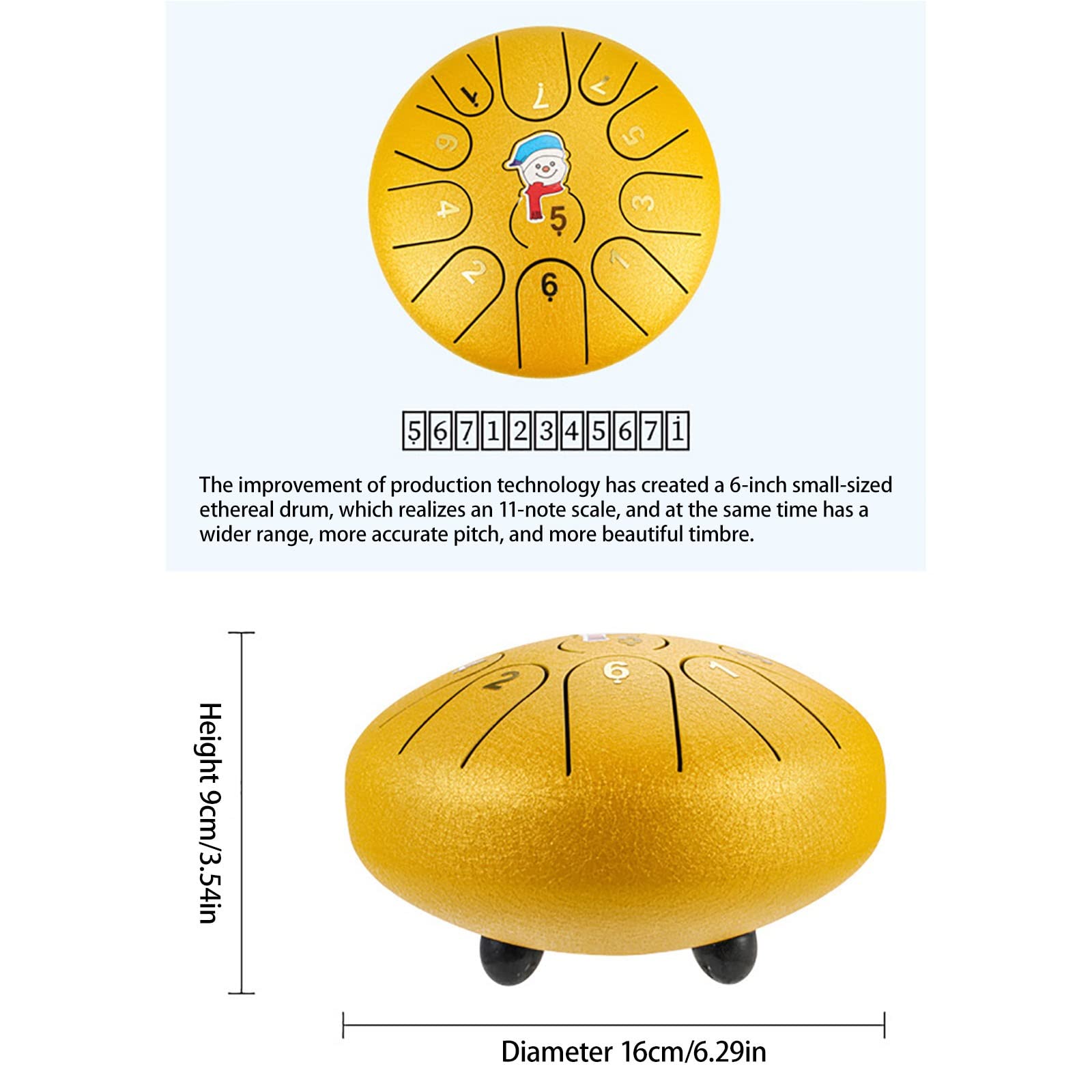 Noël Steel Tongue Drum 6 Pouces 11 Notes Tambour Handpan Avec Sac Souple, Baguettes De Batterie, Livre De Musique for La Méditation Instrument De Percussion(Blanc)