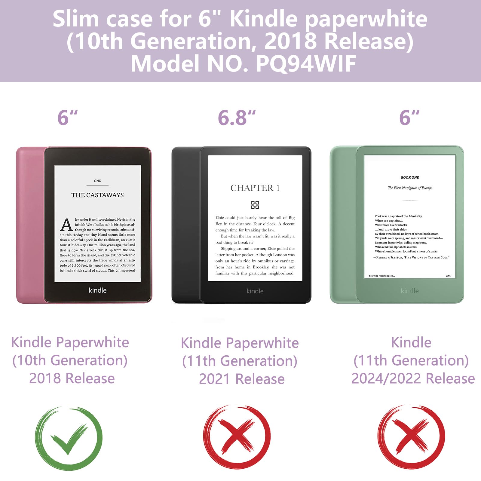 MOROCK Schutzhülle für Kindle Paperwhite 10. Generation 2018 (Modell Nr. PQ94WIF), schlankes Design, leichtes PU-Leder mit Handschlaufe, automatische Wake-/Sleep-Hülle für Amazon E-Reader, Hellviolett
