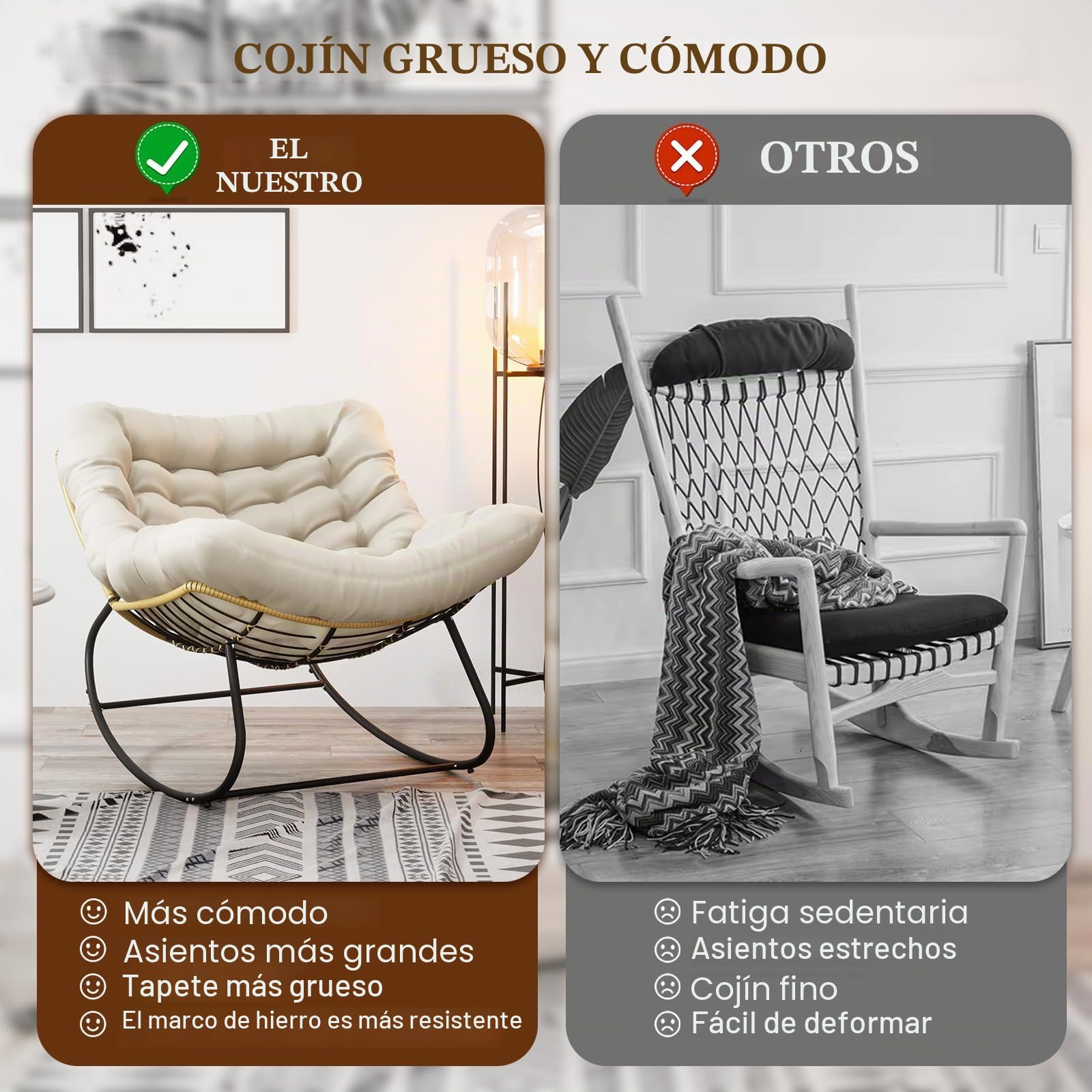 Mecedora, Sillón Mecedor Ergonómico Extra Grande, Mecedora de Ratán, Silla Relax con Cojín Extra Grueso, Ideal para Balcón, Jardín y Salón, Capacidad de Carga Hasta 140kg (Beige)