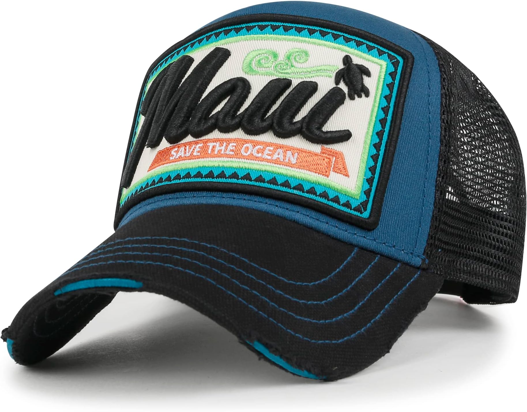 ilililyMaui Embroidery Patch Casual Mesh Baseball Cap Distressed Trucker Hat