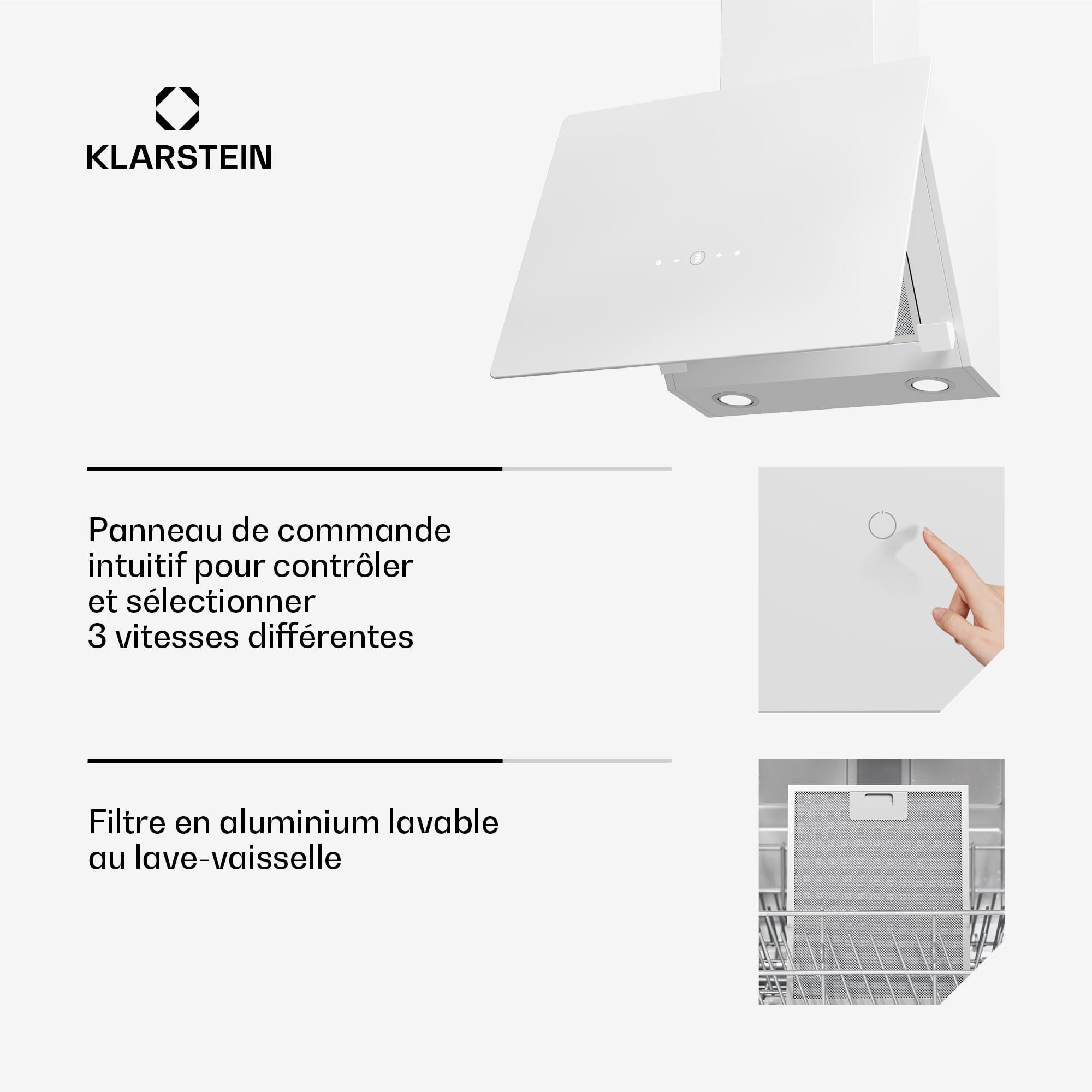 Klarstein MaxAir Hotte Aspirante - 50cm Hotte Décorative, Commande Tactile, 183-336 m³/h, A++ Énergie, Éclairage LED, Silencieuse 50 dB, Blanc, Évacuation & Recirculation
