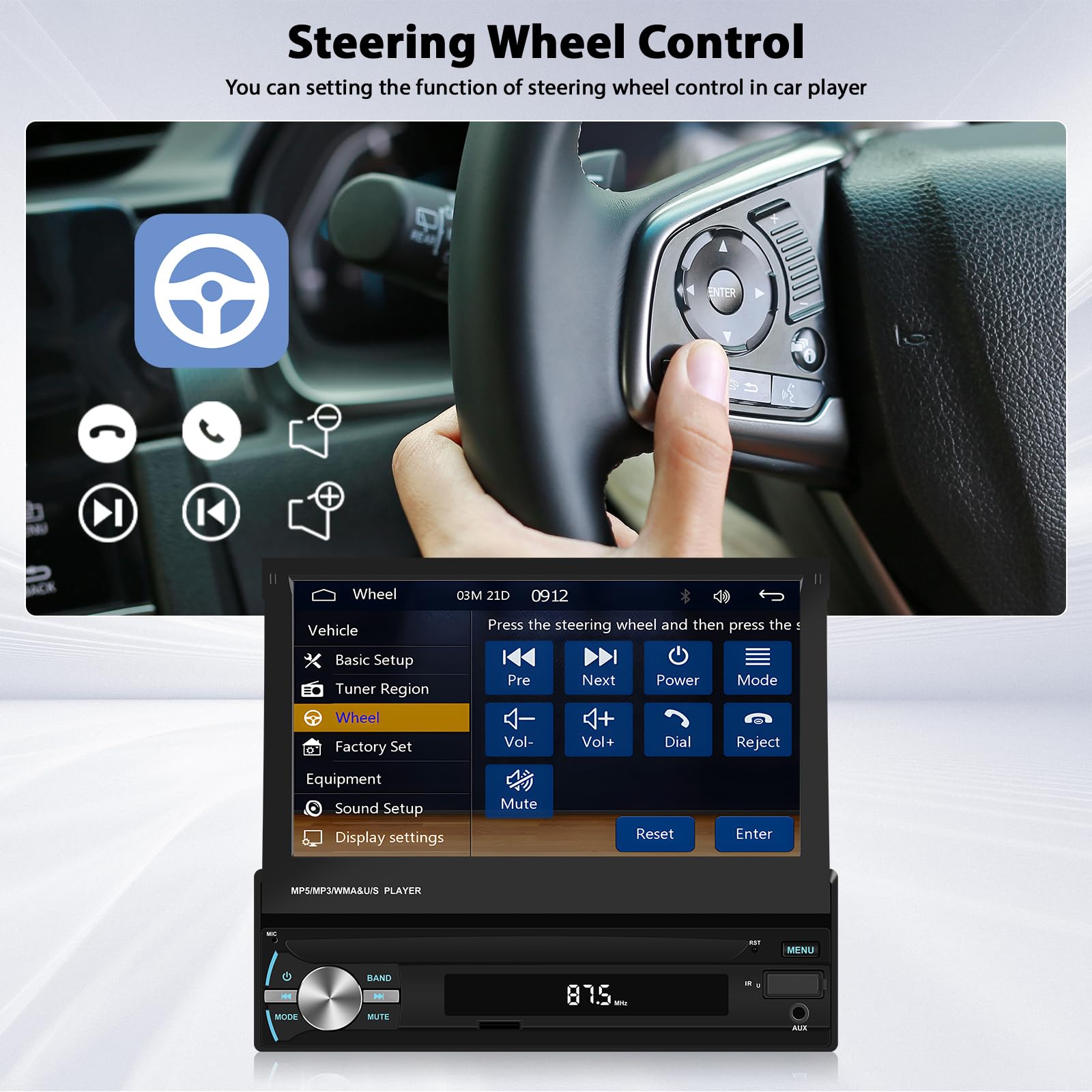Radio samochodowe Inefala 1 Din z wysuwanym ekranem z bezprzewodowym Carplay Android Auto, 7-calowy samochodowy ekran dotykowy stereo obsługuje Bluetooth/Mirror Link/FM AM/USB/AUX/EQ z tylną kamerą