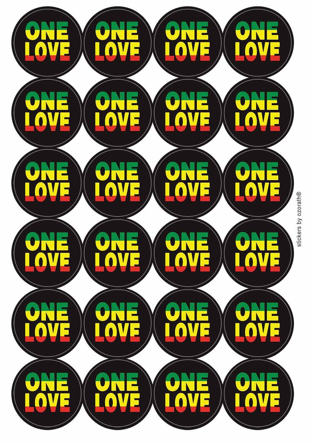 One Love Reggae Rastafarian Jamaican Circular Matt Paper Stickers A4 Sheet of 24 (Each Sticker is 45mm Diameter)