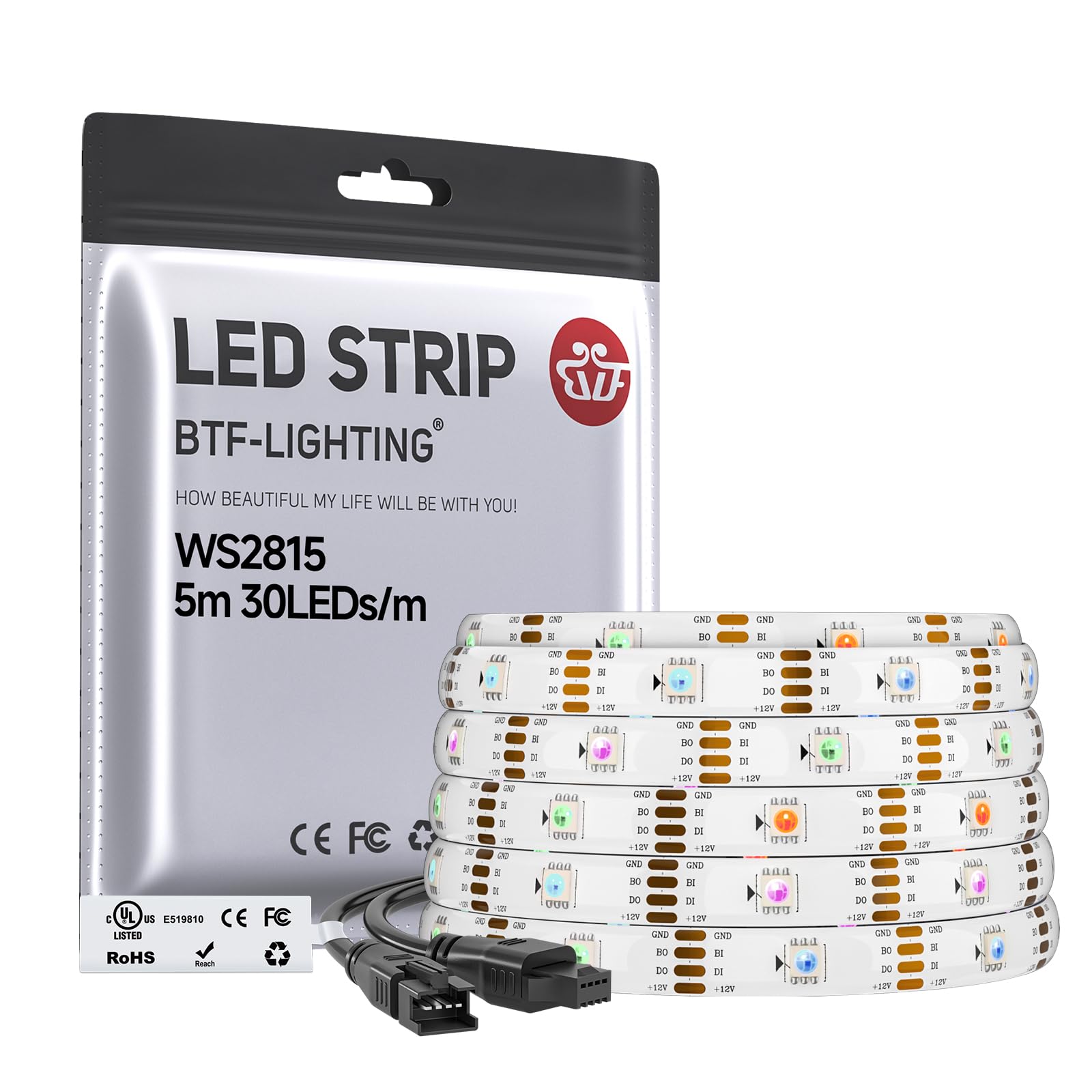 BTF-LIGHTING WS2815 (Upgraded WS2812B) LED Strip Light,UL Listed,16.4FT 150 LED/Pixels,Flexible Chasing RGB,Dual Signal Individually Addressable,