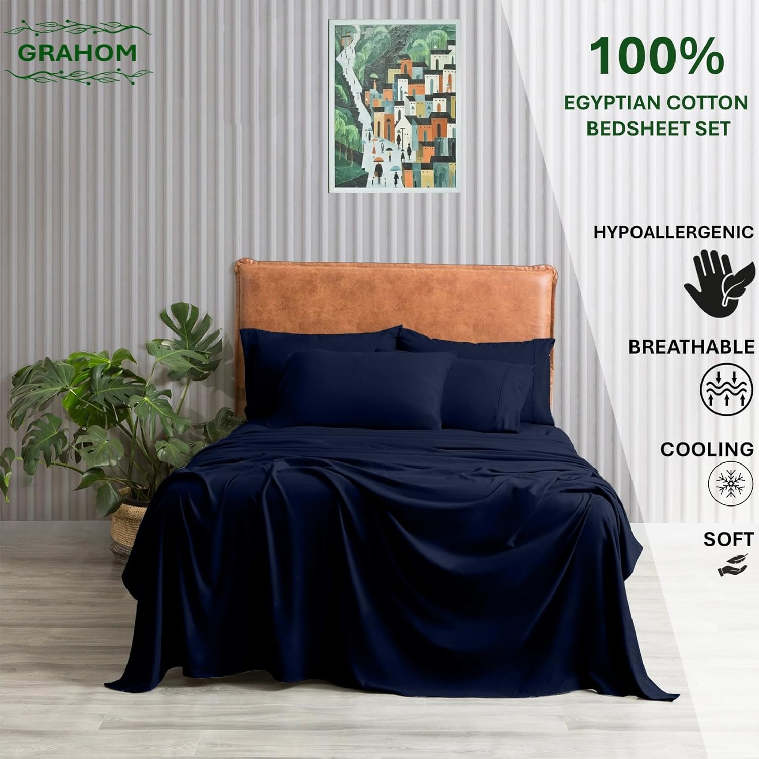 100% Egyptian Cotton, 1000 Thread Count Long Staple Cotton, 6-PC Bedsheet Set [King Size, Midnight Blue Color] Fits Upto 18" Deep Pocket, Breathable Soft Silky Sateen Weave