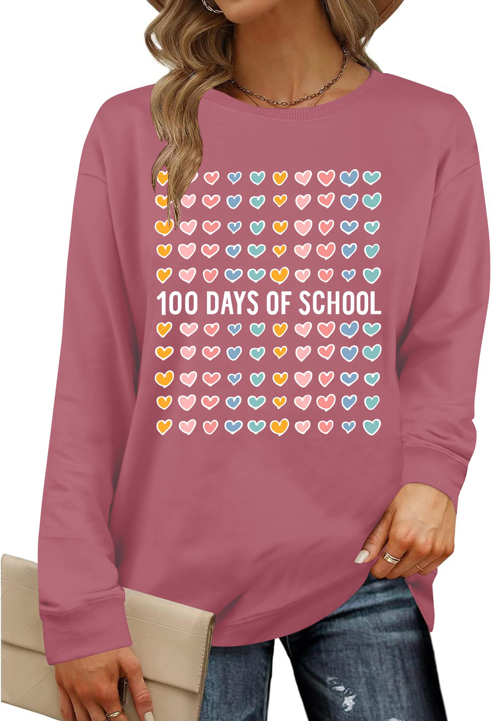 ELDPS 100 Days of School Sweatshirt : Women Teacher Shirts Hearts 100th Day Tee Shirt School Days Pullover Tops