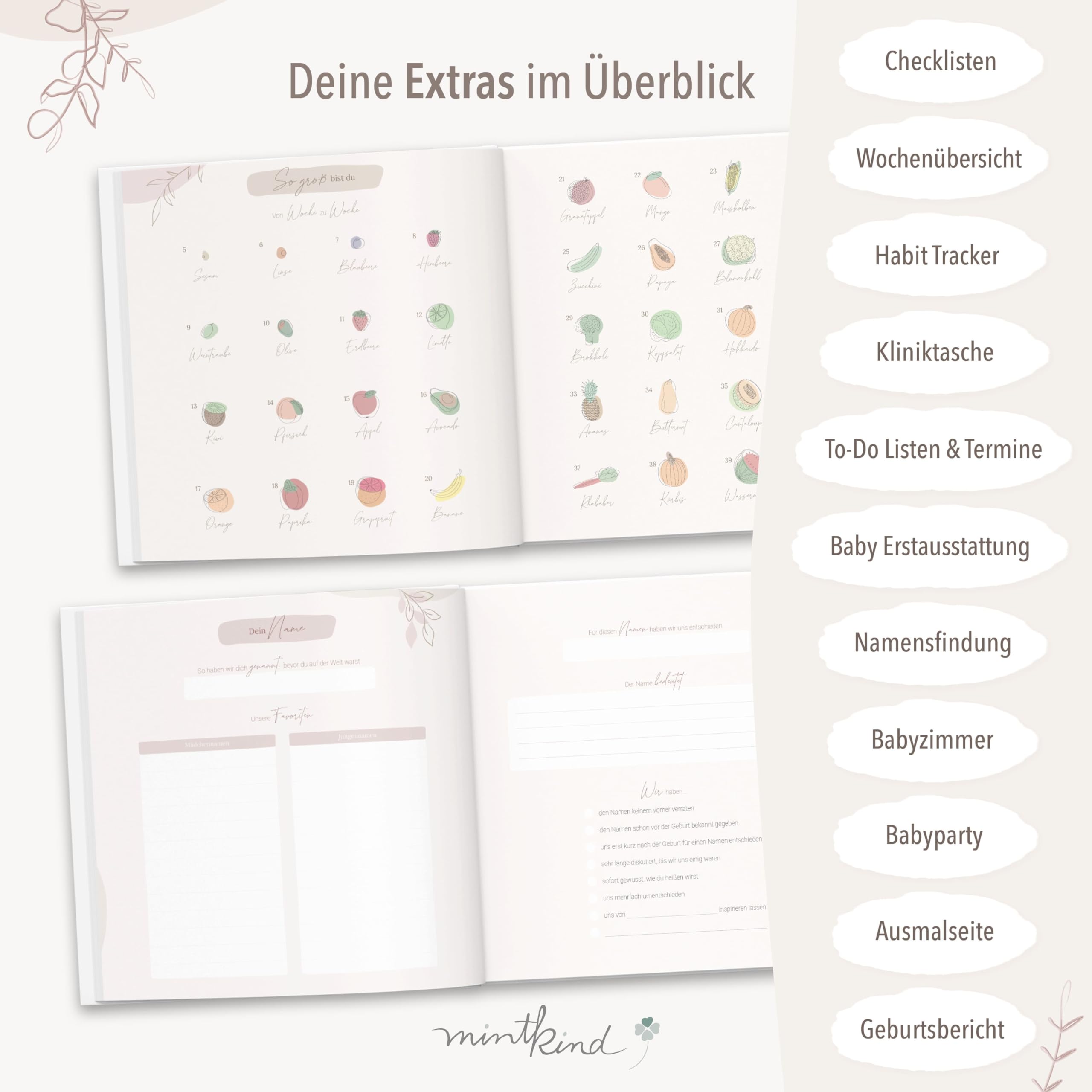 mintkind® Schwangerschaftstagebuch Leinen „Meine Schwangerschaft“ + Sticker Set I Hardcover Tagebuch zum Eintragen I Geschenk für Schwangere und werdende Mütter | Schwangerschaft Fotoalbum Baby Album