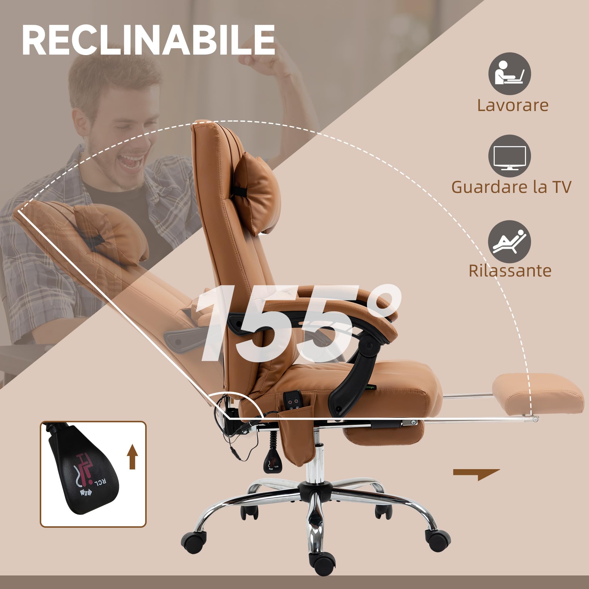 Vinsetto Silla de Oficina Ergonómica con Masaje y Calefacción, Silla de Escritorio Reclinable de Altura Ajustable con Respaldo Alto y Reposapiés, Cuero de PU para Ordenadores, Marrón Claro
