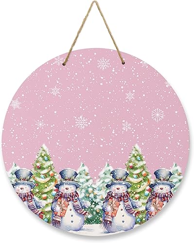Seasonal Front Door Welcome Sign, Merry Christmas Snowman Xmas Tree Snowflake Pink Round Wood Wreaths Wall Hanging Sign for Outdoor Porch Wall
