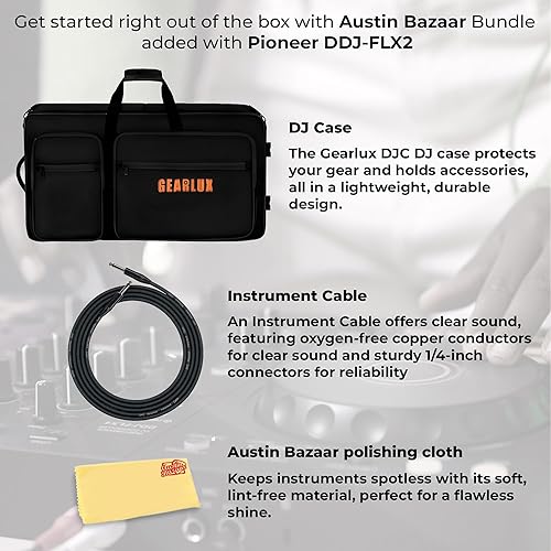 Miniatura 2 de Pioneer DJ AlphaTheta DDJ-FLX2 Paquete de controlador DJ compacto de 2 canales con estuche, cable para instrumentos y paño de pulido Austin Bazaar