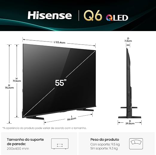 Diagrama de dimensões da Smart TV Hisense 55 polegadas QLED 4K e peso com e sem suporte.