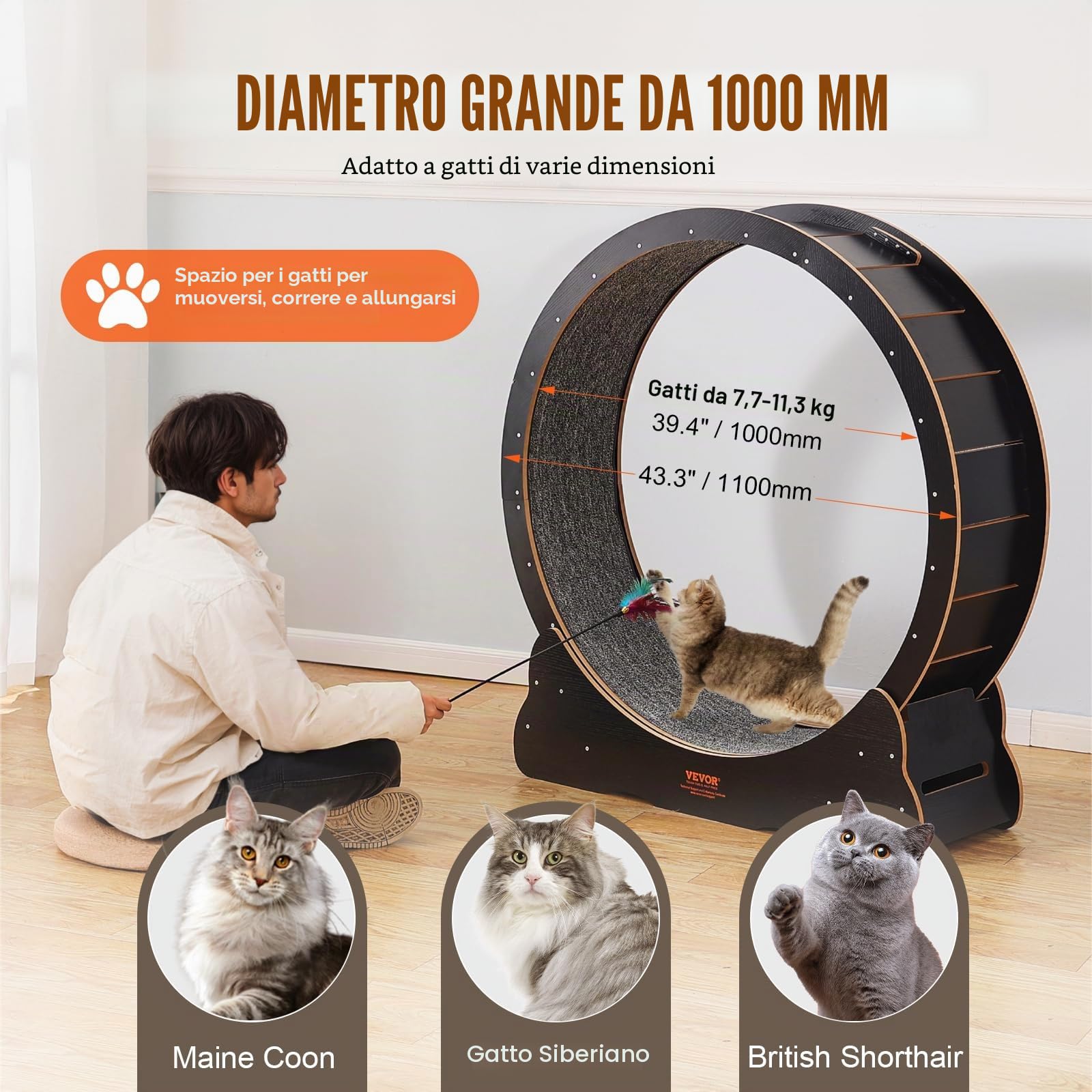 VEVOR Ruota per Esercizi per Gatti Ruota da Corsa per Interni Grande da 1100 mm, con Tapis Roulant Rimovibile, Teaser per Gatti per Correre, Camminare, Adatta per la Maggior Parte dei Gatti, Nera