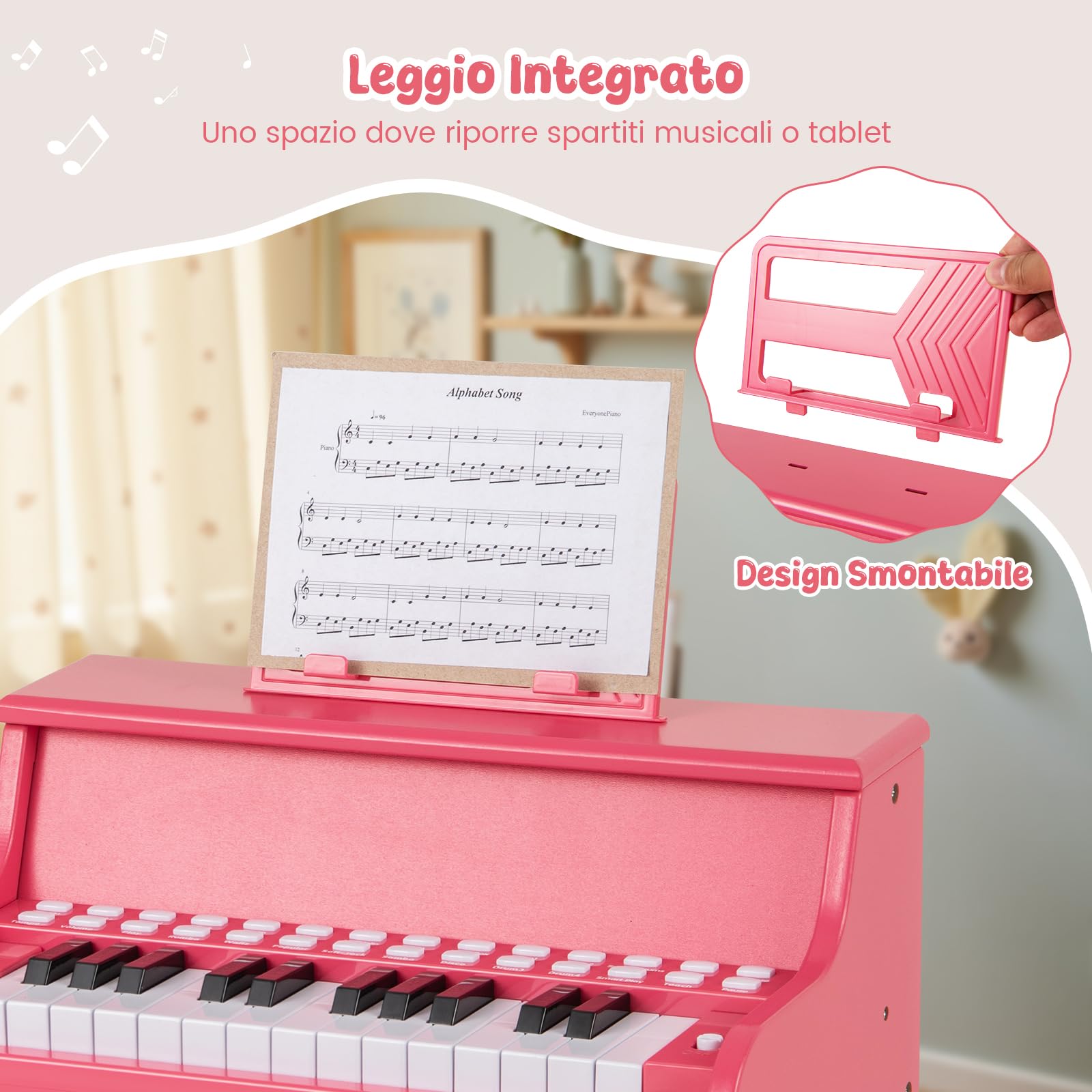 GYMAX Pianoforte Digitale in Legno per Bambini, Tastiera a 25 Tasti con Leggio, Sgabello, Tasti Illuminati, Modalità Didattica, 6 Strumenti e 8 Percussioni, Strumento Musicale (Rosa)