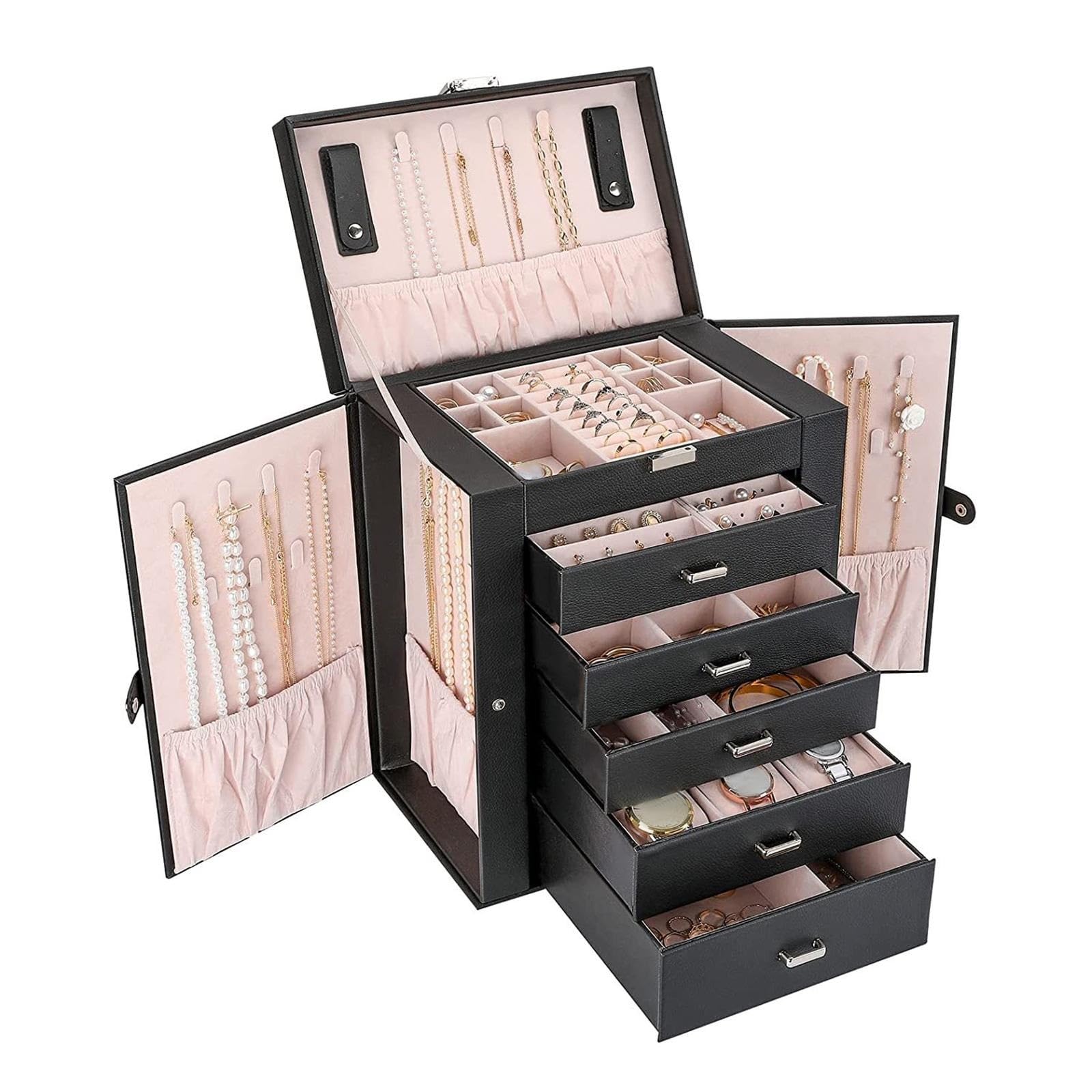 Halskette Organizer für Frauen Uhren Juwelierschachtel Schmuck Aufbewahrung Hülle Multifunktionale Schmuckschatulle mit Schubladen PU Schmuck Aufbewahrungsschachtel (28 * 19 * 34 cm) Ohrring