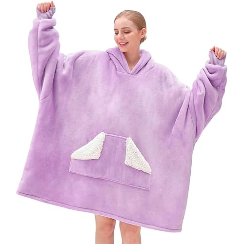 Touchat Wearable Blanket Hoodie, Oversized Sherpa Blanket Sweatshirt with Hood Pocket and Sleeves, Super Soft Warm Plush Hooded Blanket for Adult Women Men (Purple)