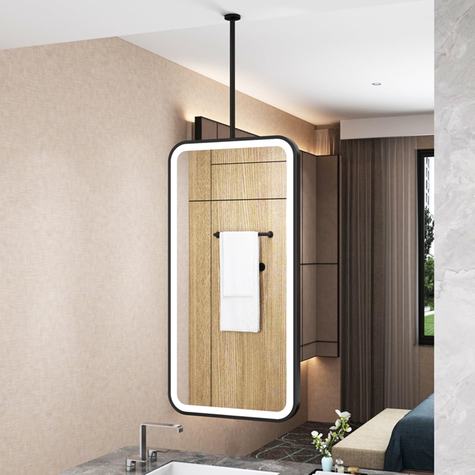 ITOSUI LED Ceiling Hanging Mirror, Customizable Wall Mounted Black Rectangular Mirrors for Home or Hotel, Bathroom Vanity Lighted Mirrors for Over Sink, Black(50cmx70cm)