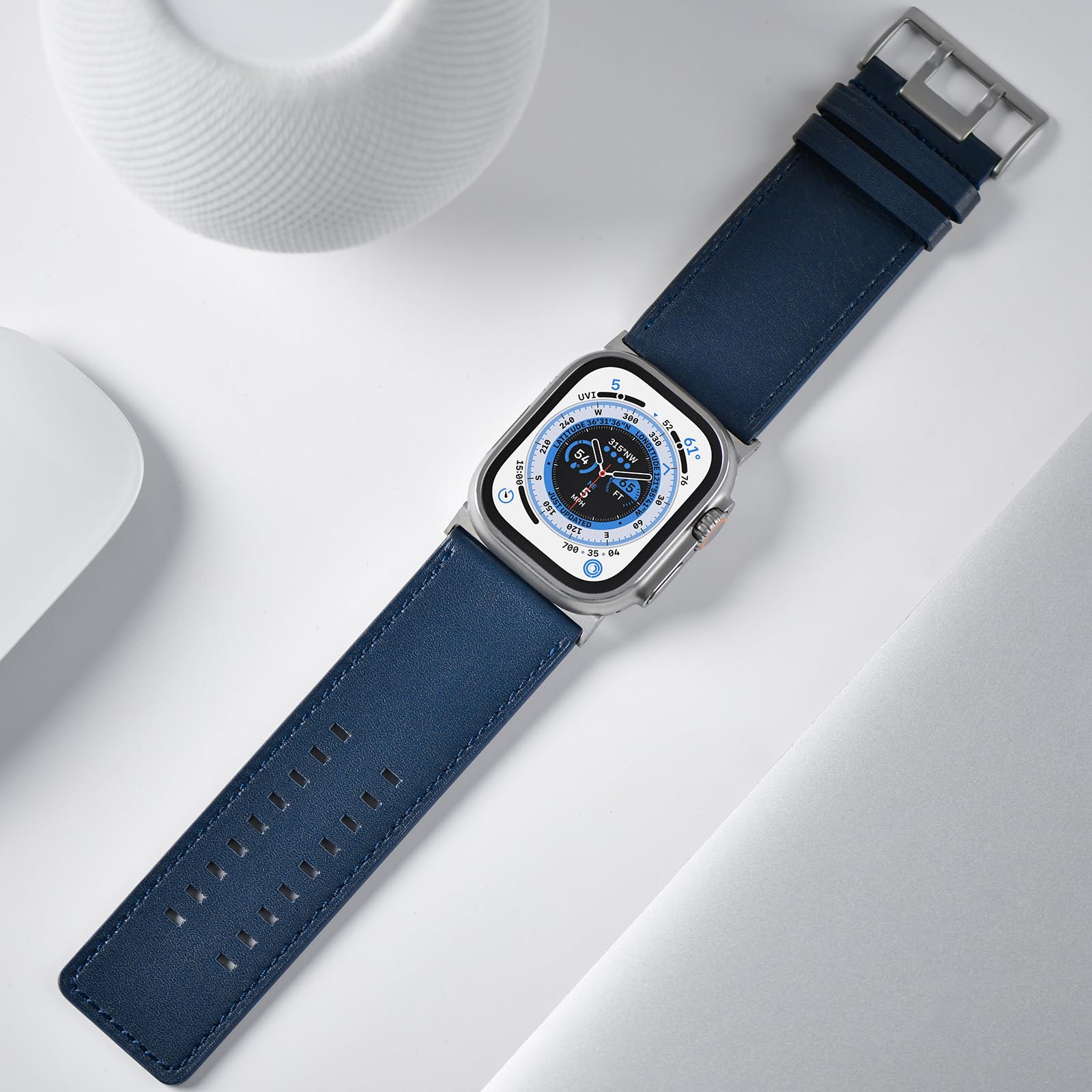Tefeca Dual Series Bracelet de rechange compatible avec Apple Watch/Apple Watch Ultra (cuir bleu avec adaptateurs argentés, 49/45/44/42 mm)