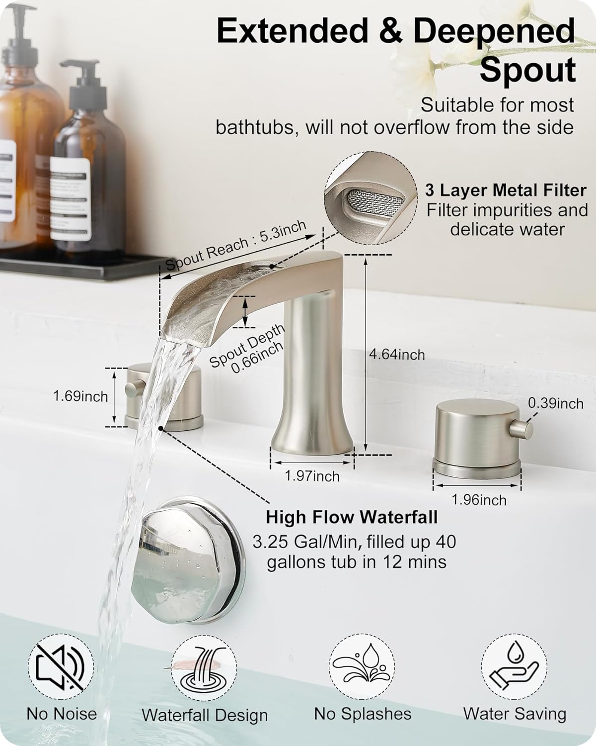 Brass Roman Bathtub Faucet Brushed Nickel, Waterfall High Flow Bath Tub Faucet Set 3 Hole with 2 Handle Deck Mount & Pre-Installed Supply Hoses for Farmhouse