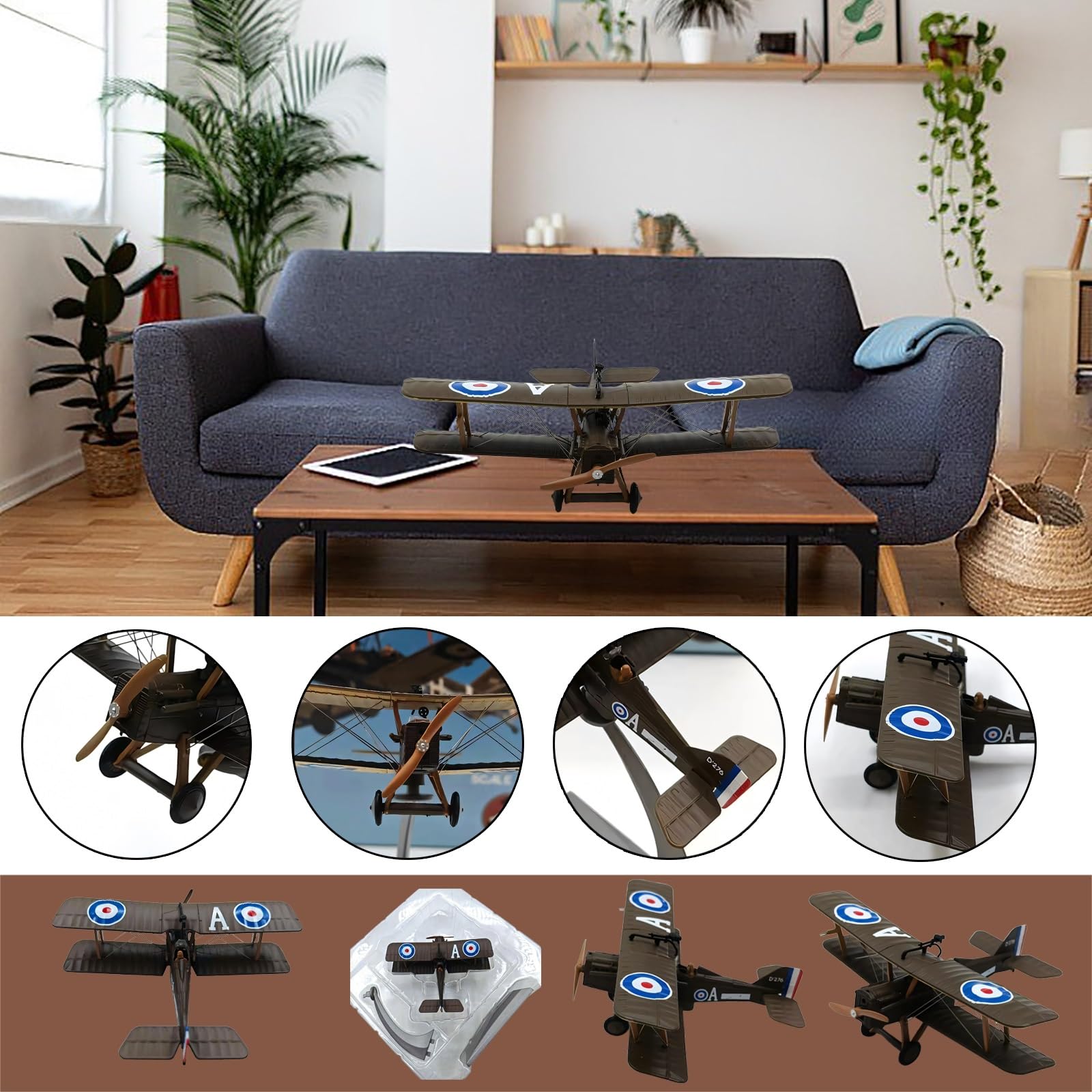 Modello metallo pressofuso caccia biplano SE.5a scala 1:72 con ruote dell'elica girevoli, supporto espositivo lega zinco for appassionati aviazione, replica aereo militare preassemblata