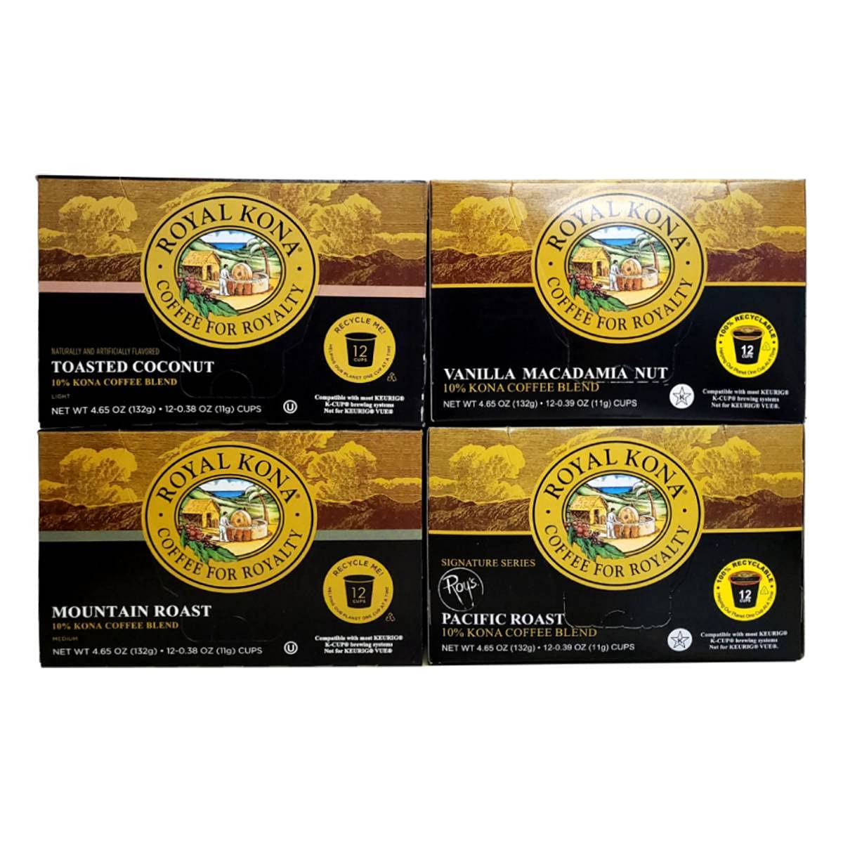 Royal Kona 10% Kona Blend Single Serve Pods, Assorted Pack, 12 Count Boxes (Pack of Four)
