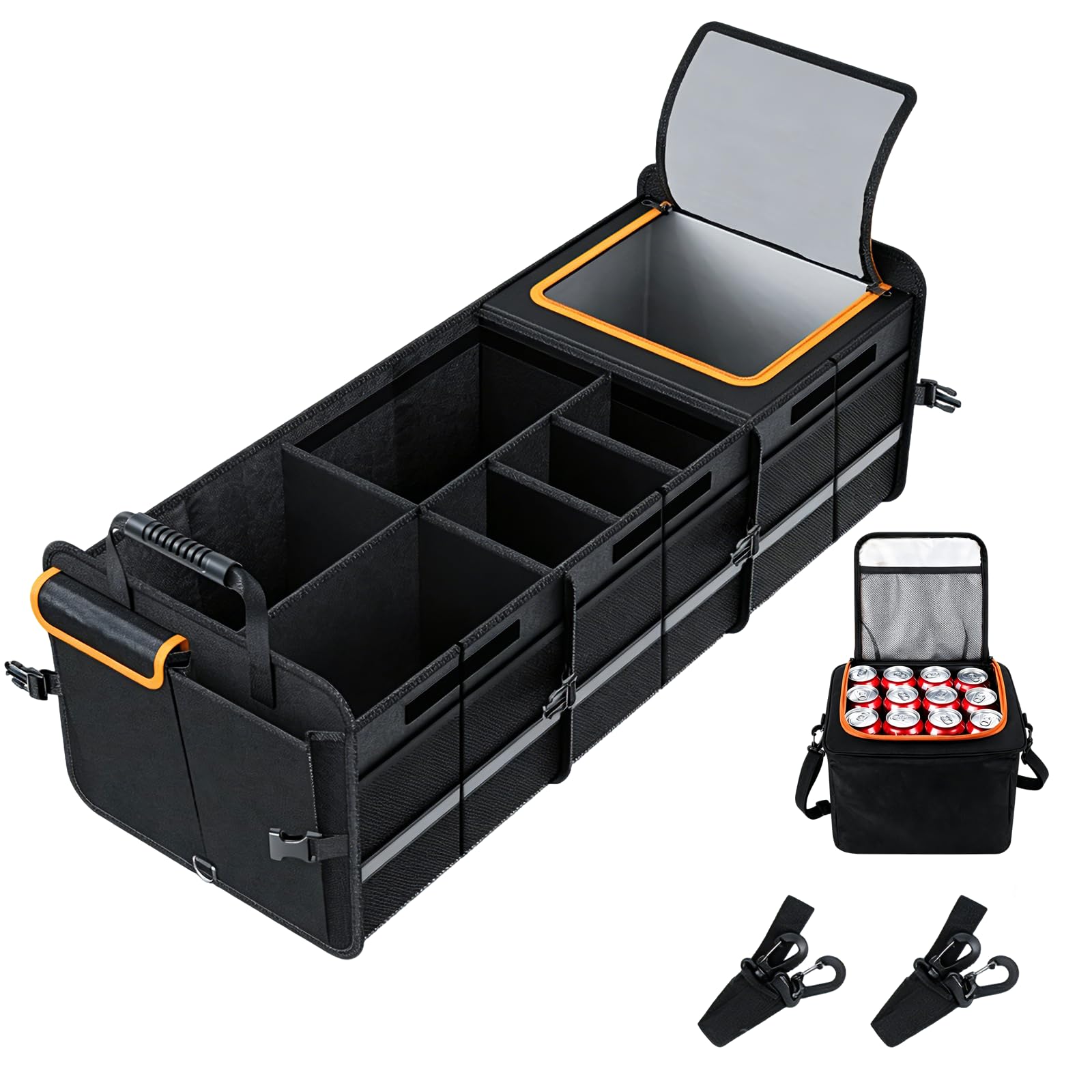 Organizador de maletero XXL con tapa, 126 L, plegable con bolsa térmica de 24 L, caja para maletero reforzada y antideslizante, 6 compartimentos para coche, SUV, autocaravana, camping, 89 x