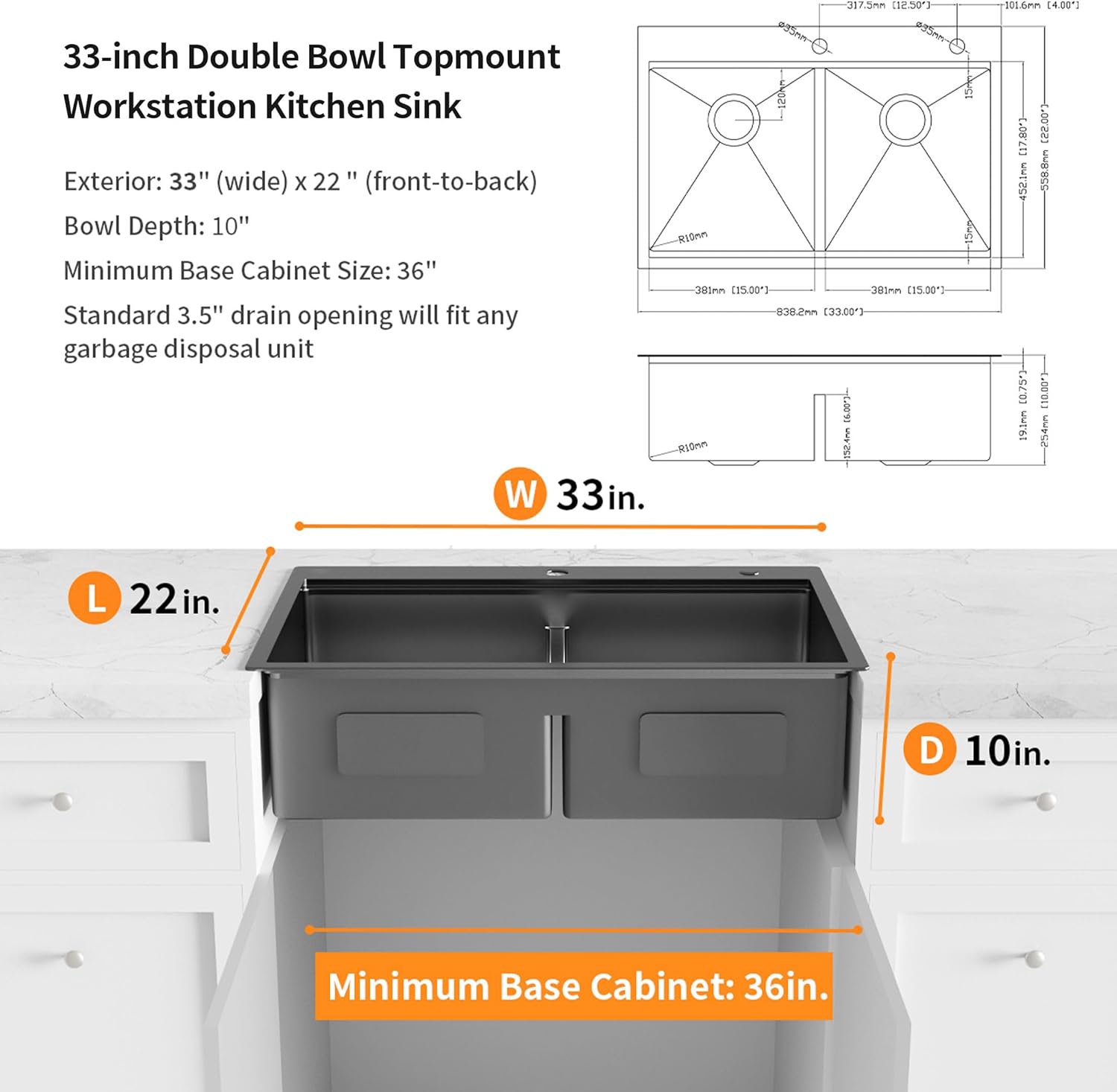 33 in. Drop-in Gunmetal Black Stainless Steel Double Bowl Dual Mount Workstation Kitchen Sink with Black Spring Neck Faucet