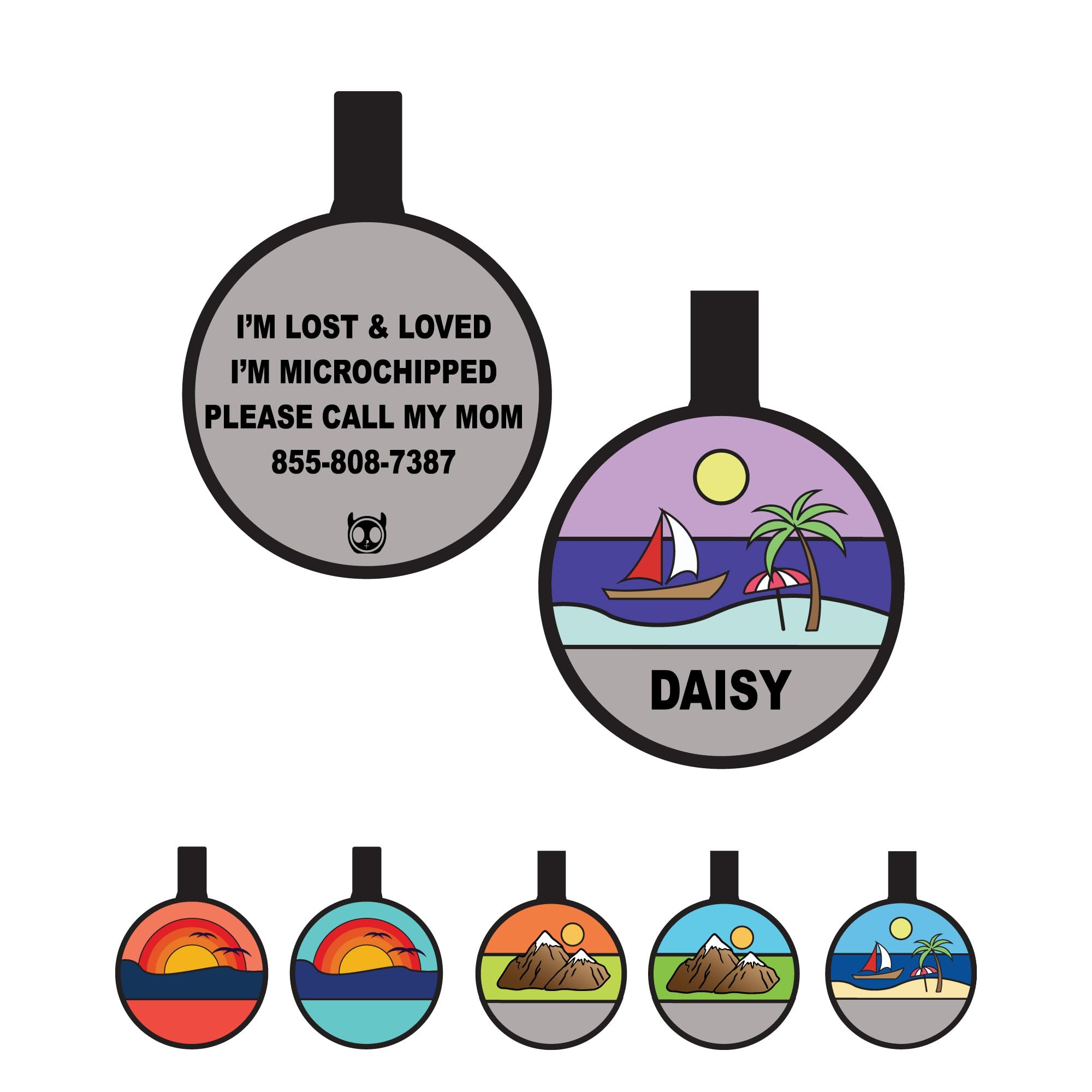 Silent Dog Tag Personalized with 5 Lines of Custom Deep Engraved Durable Soundless Silicone Pet ID Name Tag Round Beach Purple