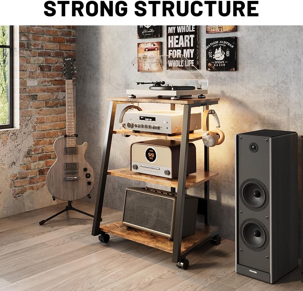 4-Tier AV Media Stand Stereo Cabinet for Record Player Storage, Audio Rack Console Shelf Corner Entertainment Center with Led Lights (Black)