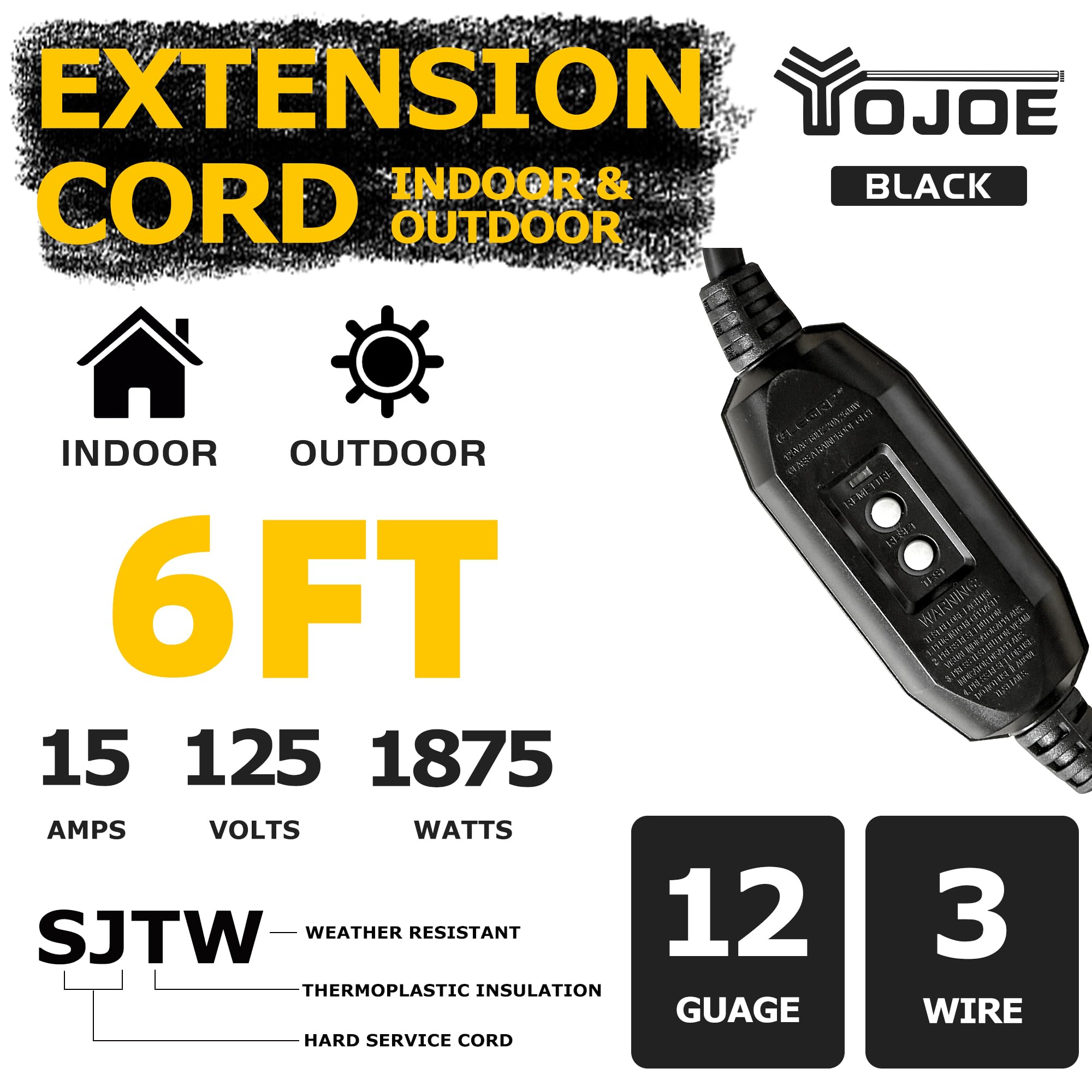 YOJOE 1,8 m czarny przedłużacz GFCI, 12/3 zewnętrzny kabel świetlny z 3 gniazdami, 12 Gauge, 3-pinowy kabel przedłużający SJTW z 3-pinową wtyczką uziemiającą