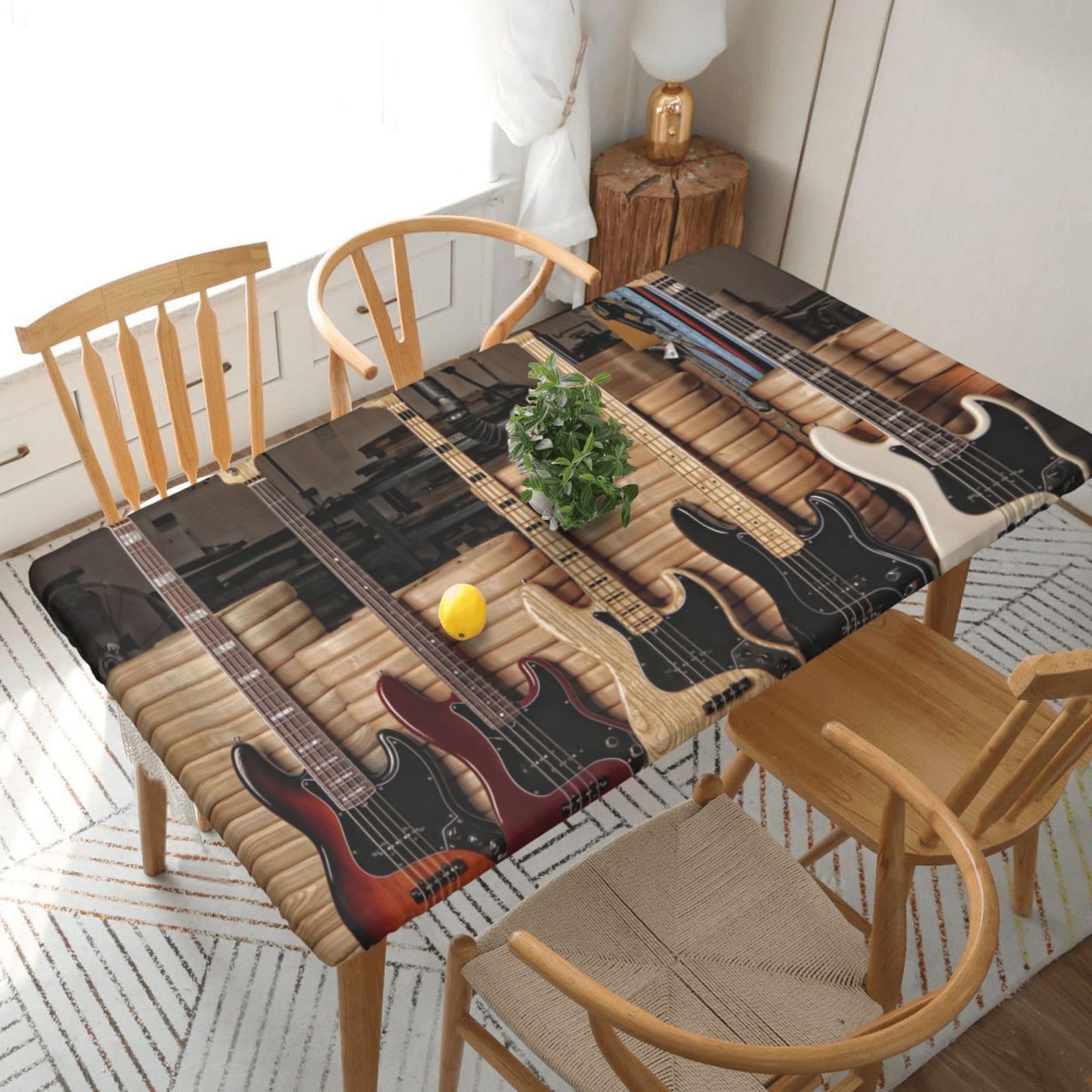 DCEHGEW Elastic Fitted Rectangle Tablecloth for 5ft Tables, Guitar Bass Music Musical Instruments Printed Oilproof & Washable Fabric Picnic Table Cloth Table Covers