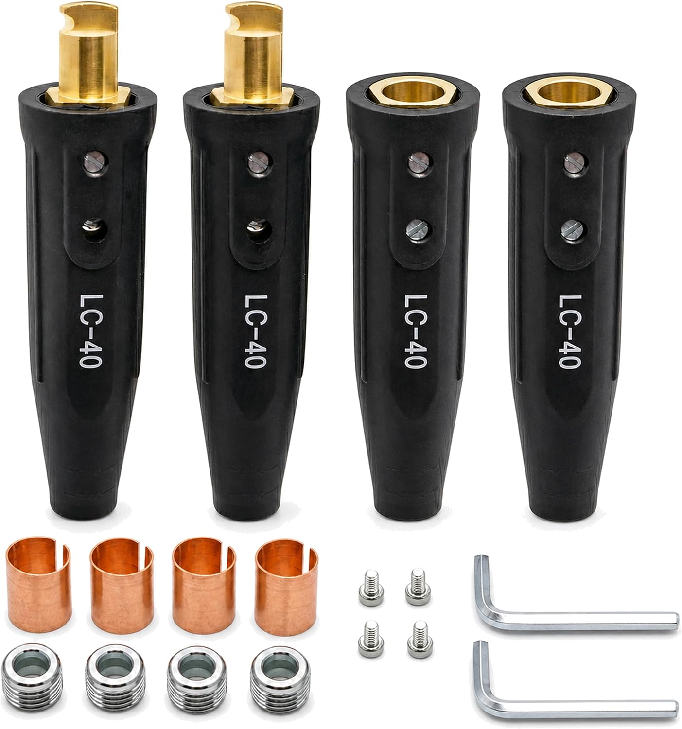 LC-40 Welding Lead Connectors for 1/0-2/0 AWG Cable, 350A, 2 Pairs | Pure copper contacts with plastic insulating housings and complete hardware for cable assembly