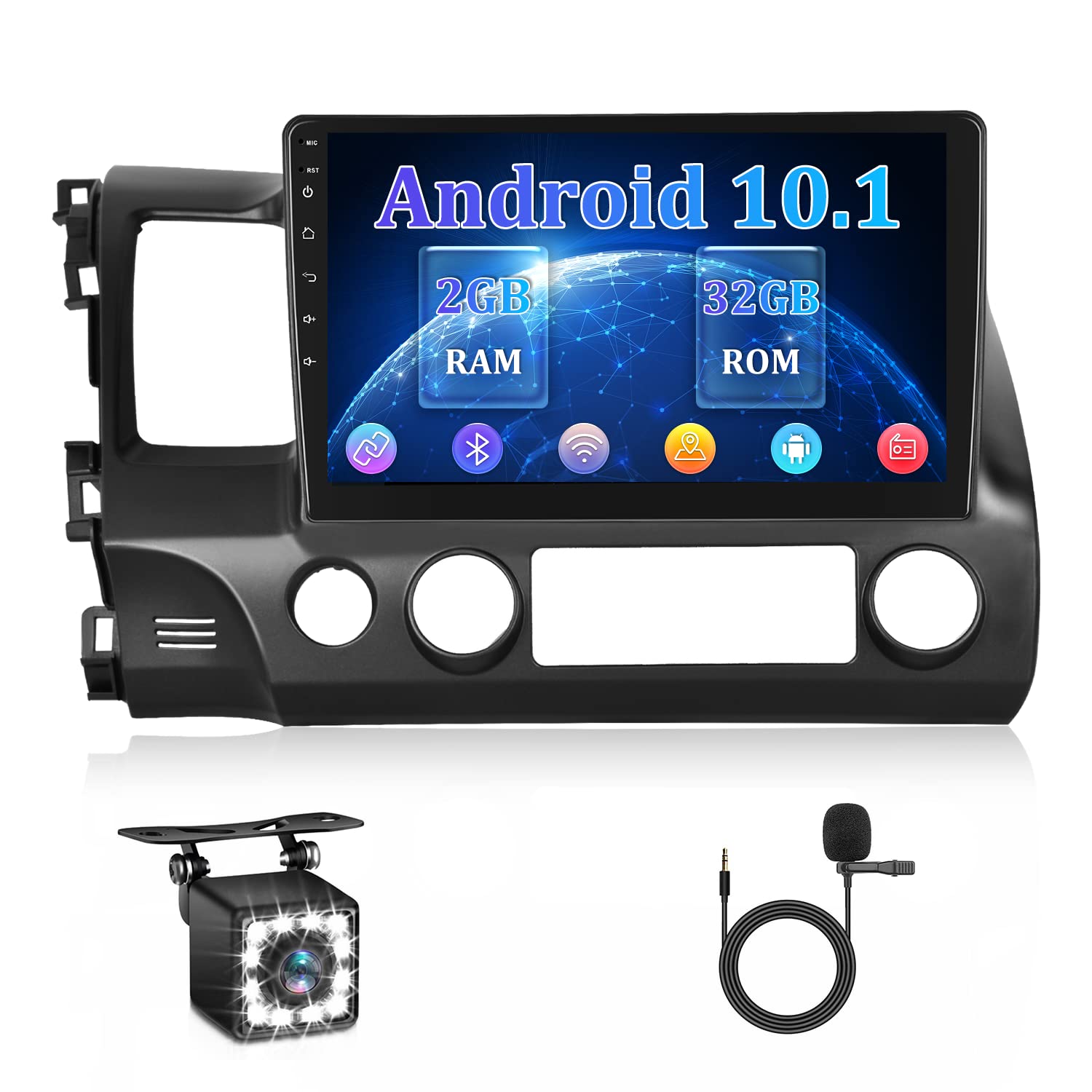 2+32G Android Car Stereo for Honda Civic 2006 2007 2008 2009 2010 2011 Touchscreen Car Radio 10.1 inch Double Din Car Stereo with Bluetooth GPS FM Radio Mirror Link Split Screen+Camera&Microphone