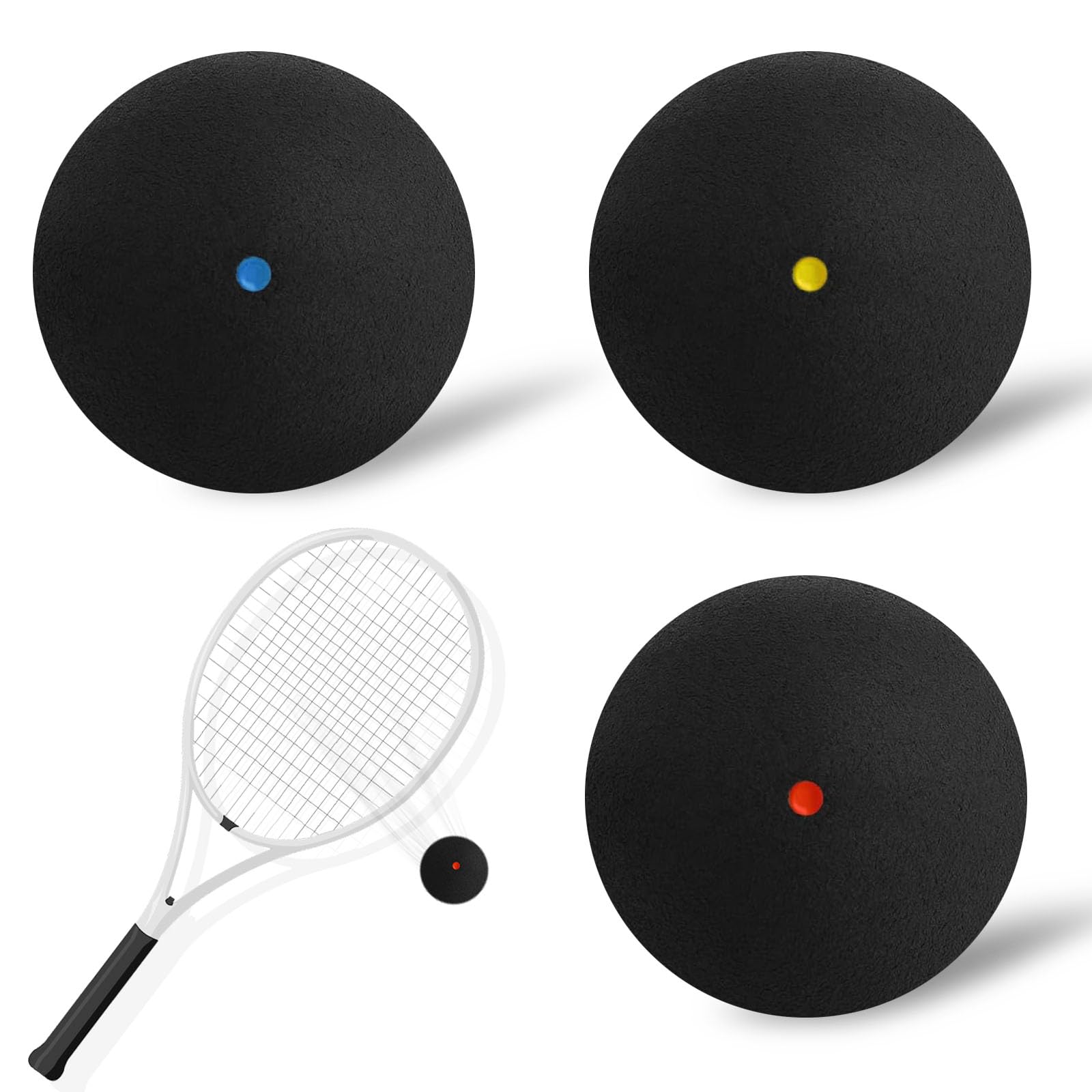 Azoisuwr 3PCS Squash Balls- Single Blue/Yellow/Red Dot Squash Ball,Durable & High Bounce, for All Skill Levels Player Competition and Training