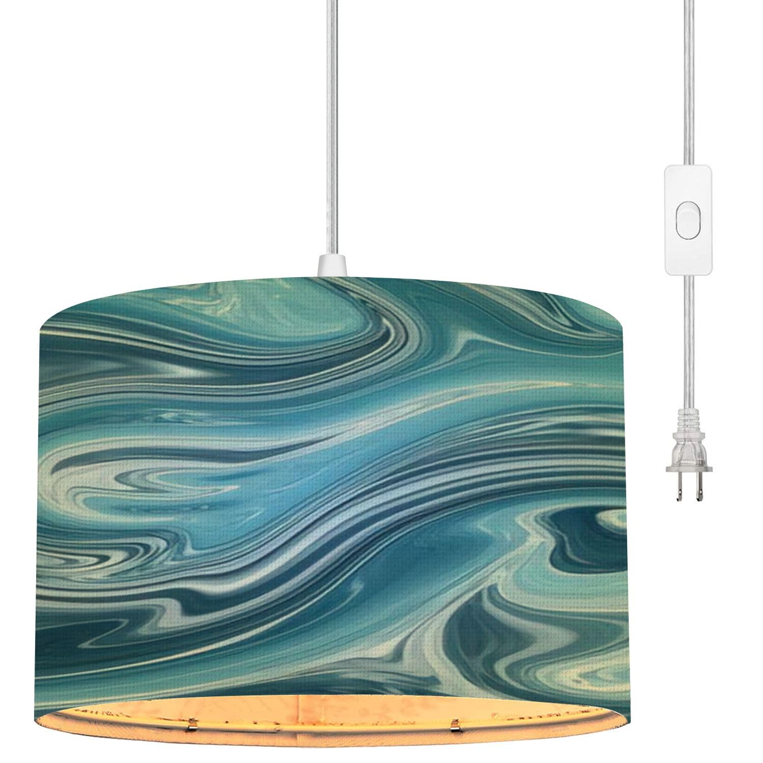 EFTOWELPlug in Pendant Light Teal Blue Water Boho Hanging Lamp with Plug in Cord 16.4 ft Dimmable Switch Fabric Shade Hanging Light for Living Room Kitchen Dining Room Bedroom