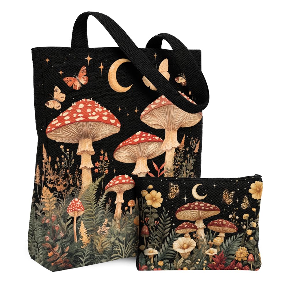 twinklemon 2 Pack Mushroom Canvas Tote Bag and Makeup Pouch, Reusable Cute Shopping Bag for Women, Aesthetic Portable Foldable Canvas Tote Bags Set for Work Vacation Travel Grocery
