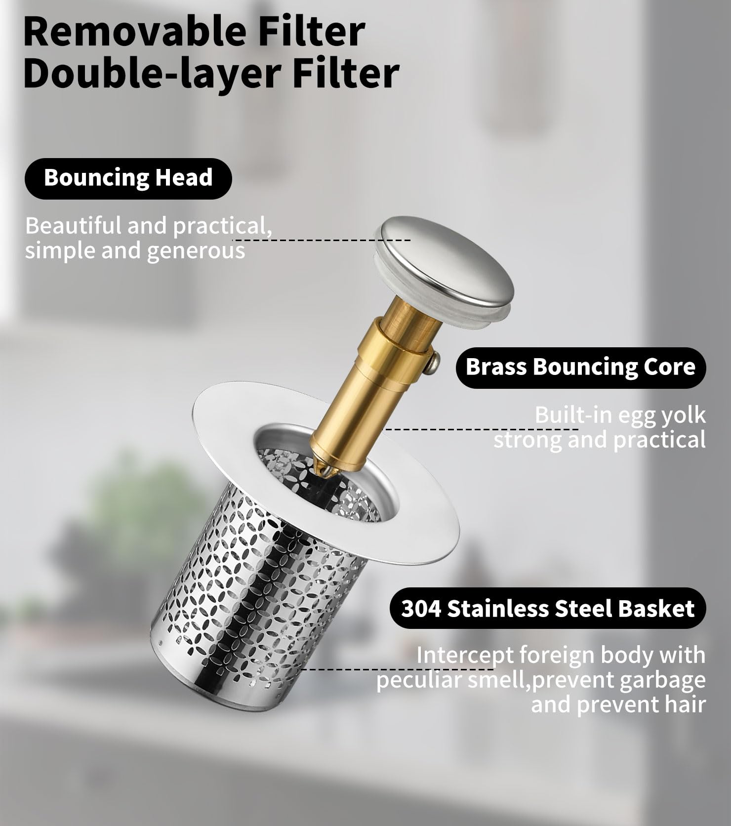 Bonde Lavabo Universel Pop-Up, Bouchon Lavabo Salle de Bain, Bouchon Evier Cuisine (25-46mm), Filtre de Vidange Anti-Bloqué et Anti-Clogging,Flitre Cheveux Anti-Odeur pour Trous de Drainage