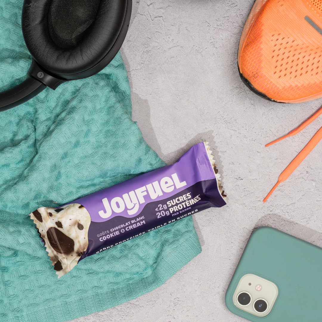 JOYFUEL Barrette proteiche – Gusto cioccolato bianco & Cookie & Cream – < 2 g di zucchero – 20 g di proteine – Scatola da 12 barrette x 55 g