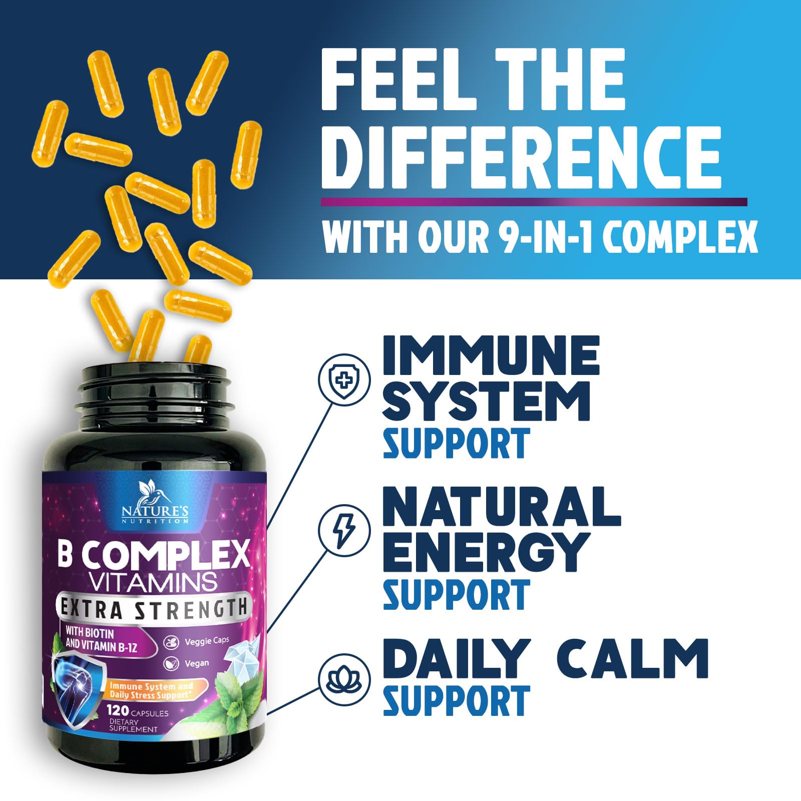 B Complex Vitamins Capsules - Super Complete B-100 Complex with Vitamin B12 B6 C Biotin Folate & Folic Acid for Immune & Energy Support - Supplement for Heart, Brain, & Nerve Support - 120 Capsules — Amazon image 7