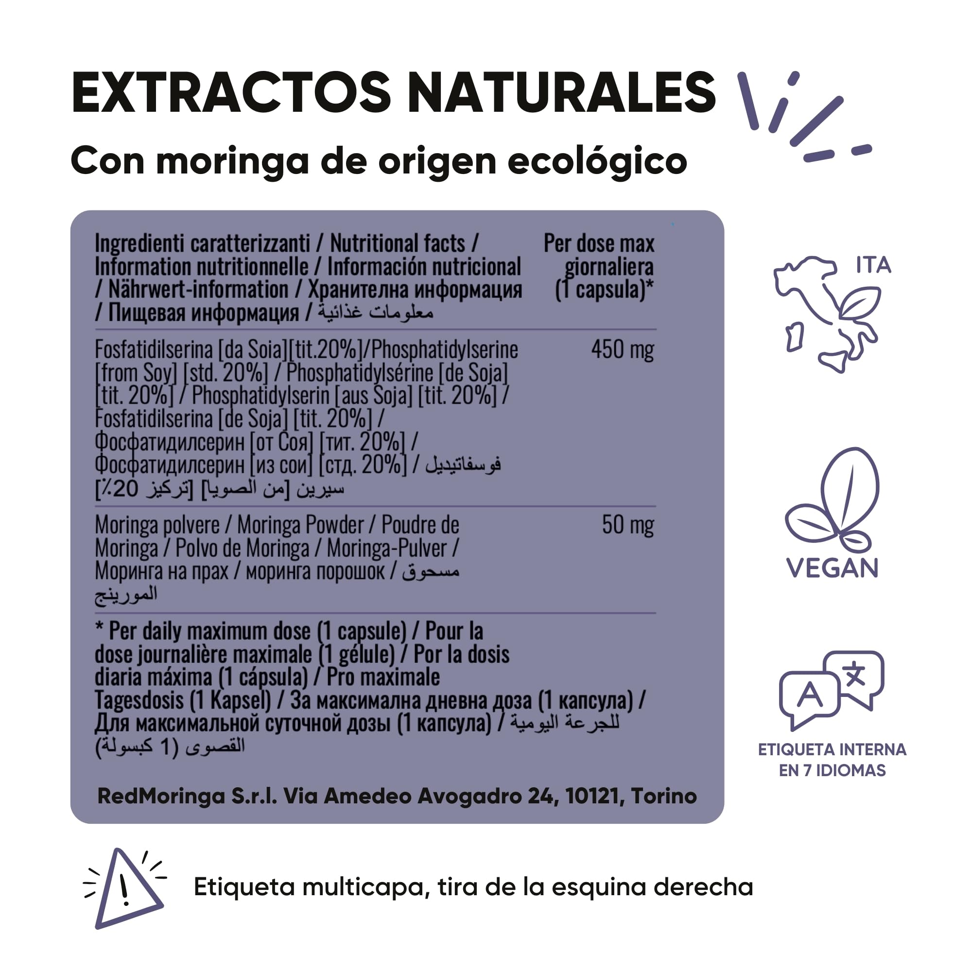 LOW CORTISOL – Fosfatidilserina 450 mg + Moringa Oleifera BIO | Para bajar el cortisol | Suplemento para memoria y concentración | 150 Cápsulas Vegetales Made in Italy | RedMoringa