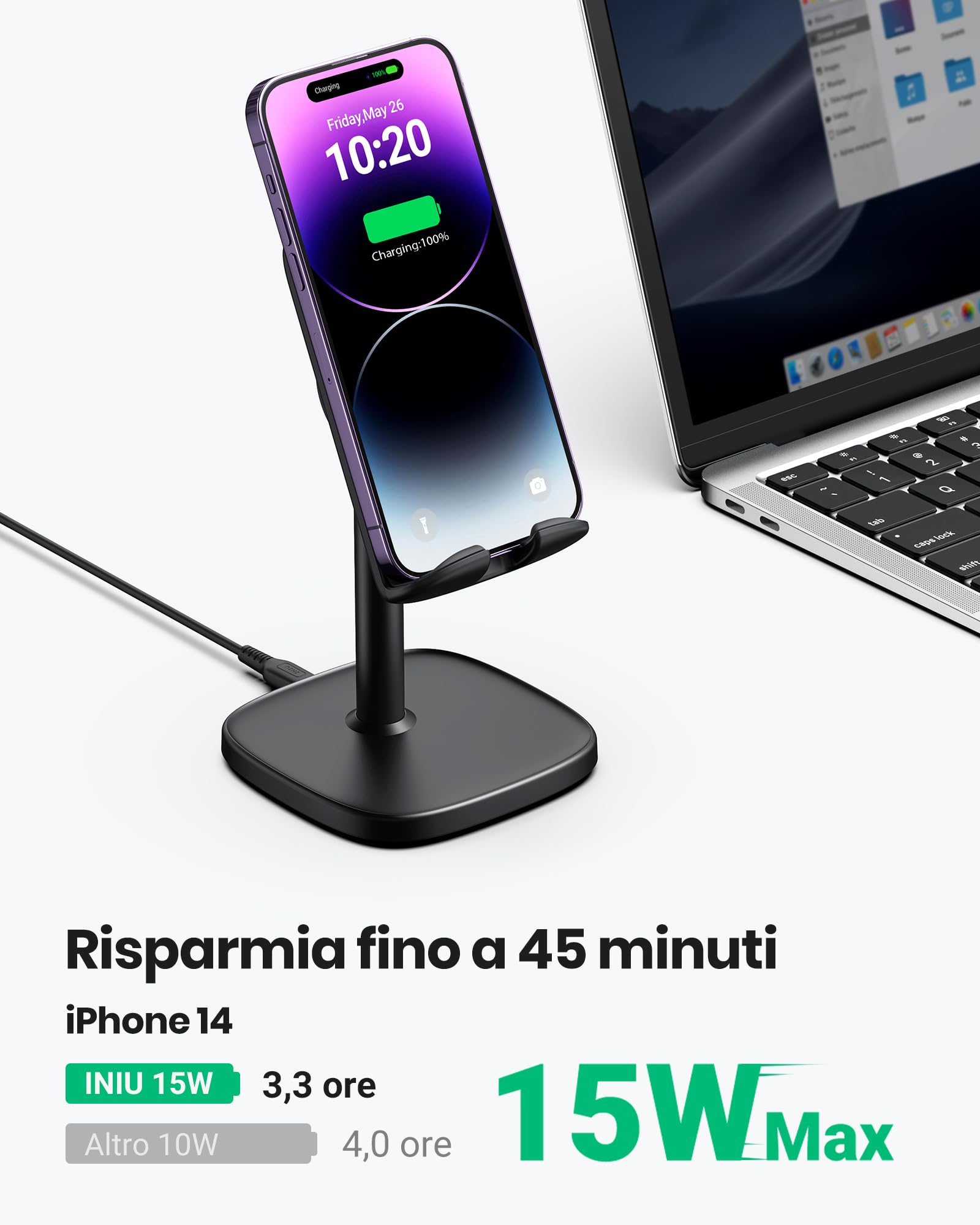INIU Caricatore Wireless Phone Stand, 15W Certificato Qi Ricarica Rapida di Adujstable Wireless Charger Holder Indicatore Adattivo Supporto per iPhone 15 14 13 12 11 Samsung Galaxy Xiaomi Google LG