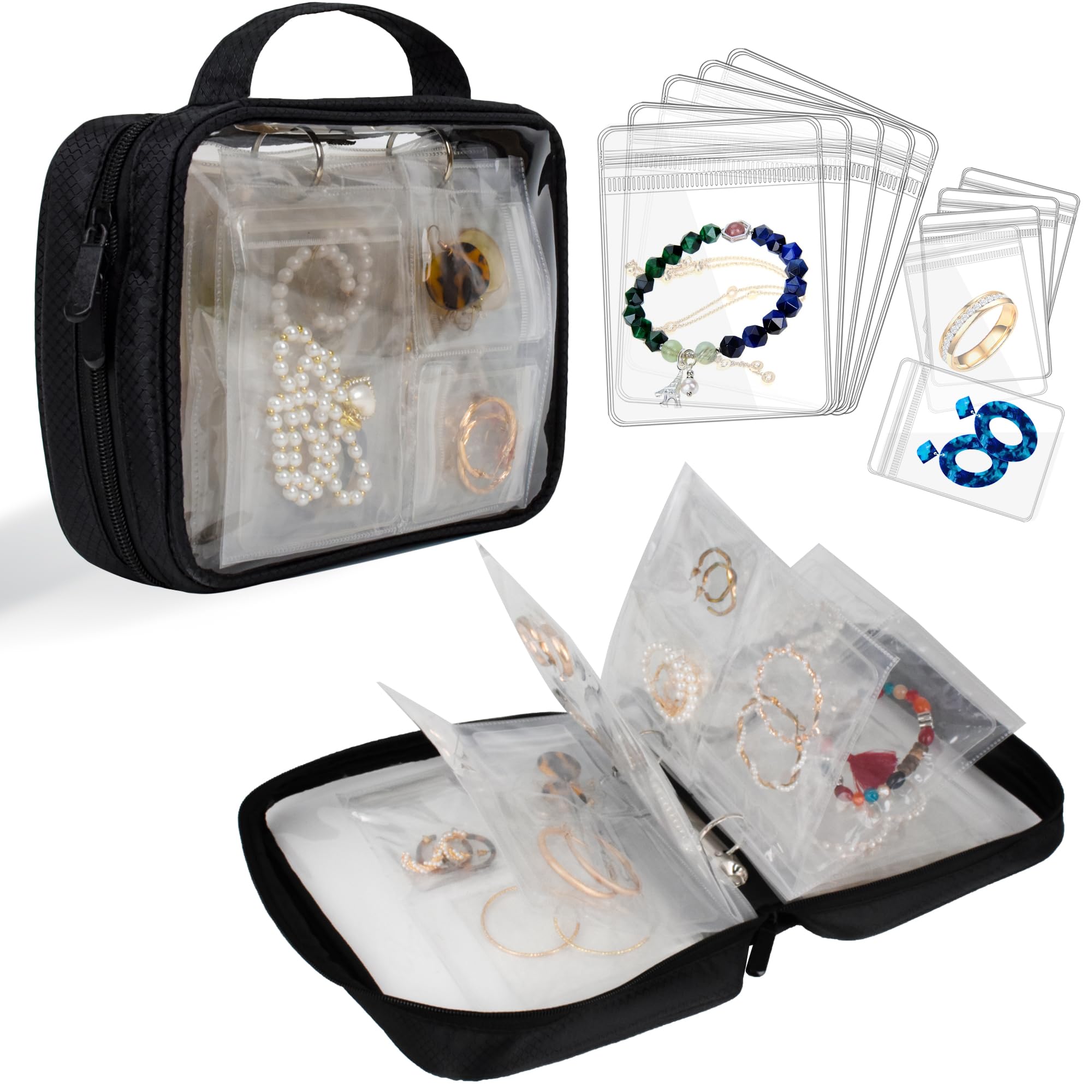 LingLingoLingLingo Travel Jewelry Organizer Case Transparent Jewelry Storage Book Binder Bag for Earrings, Rings, Necklace, Bracelet,Black
