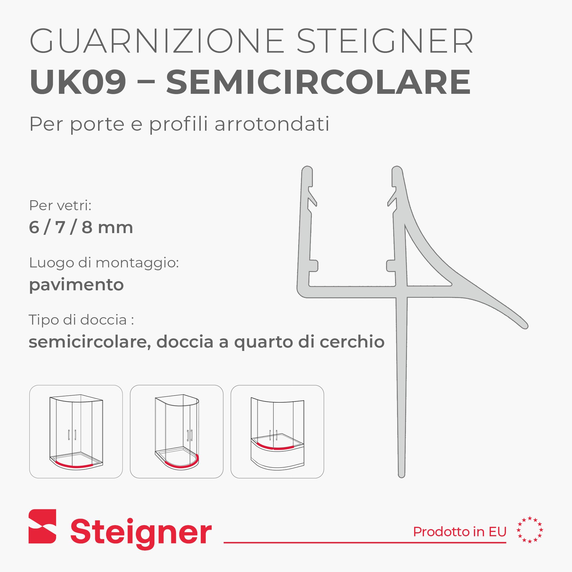 STEIGNER Guarnizione doccia sottoporta curva 40cm UK09 (1 pz.) trasparente - Guarnizione inferiore curva per doccia semicircolare o quarto di cerchio con porta 6-8 mm - Protezione contro le perdite