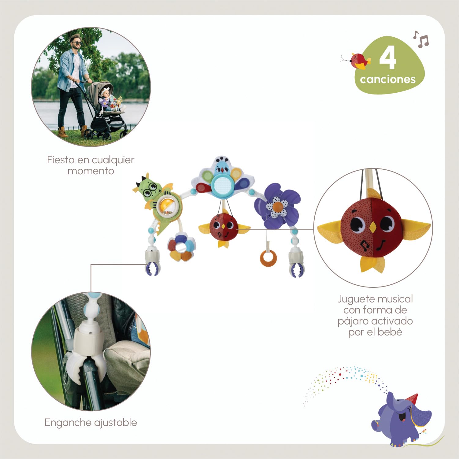 Tiny Love Arco Musical Naturaleza para Cochecito, Juguetes para Carrito Bebé, +0 Meses, Clips Ajustables Universales, Arco Actividades Bebé, 8 Actividades de Desarrollo, Born To Party
