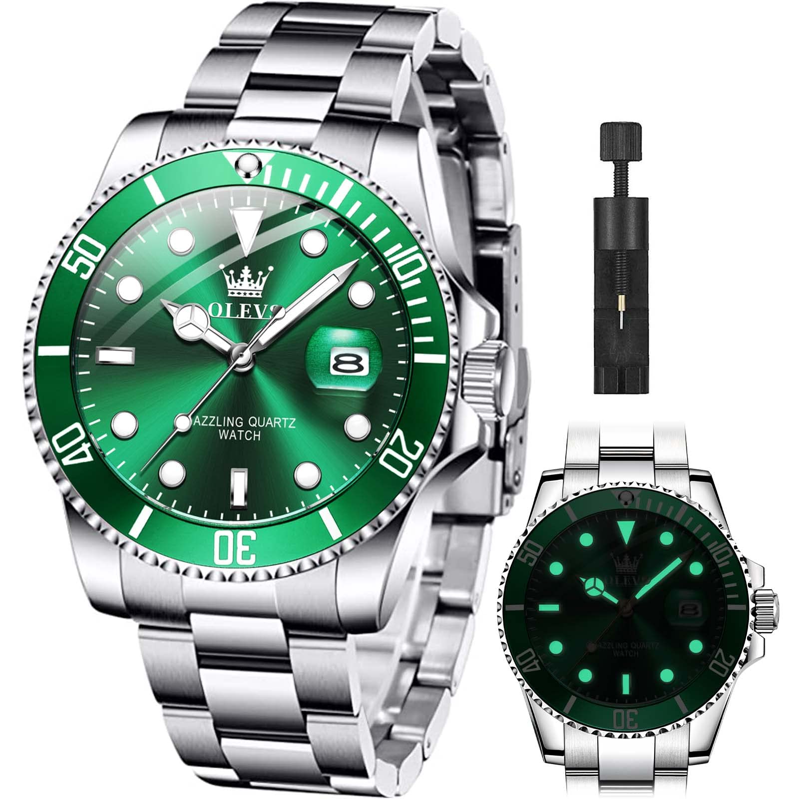 Classic Wrist Watches,Men Business Watches Dress Watch with Day,Green/Black/White/Blue Face,Flywheel Multifunction Luminous Men Stainless Steel Wristwatch